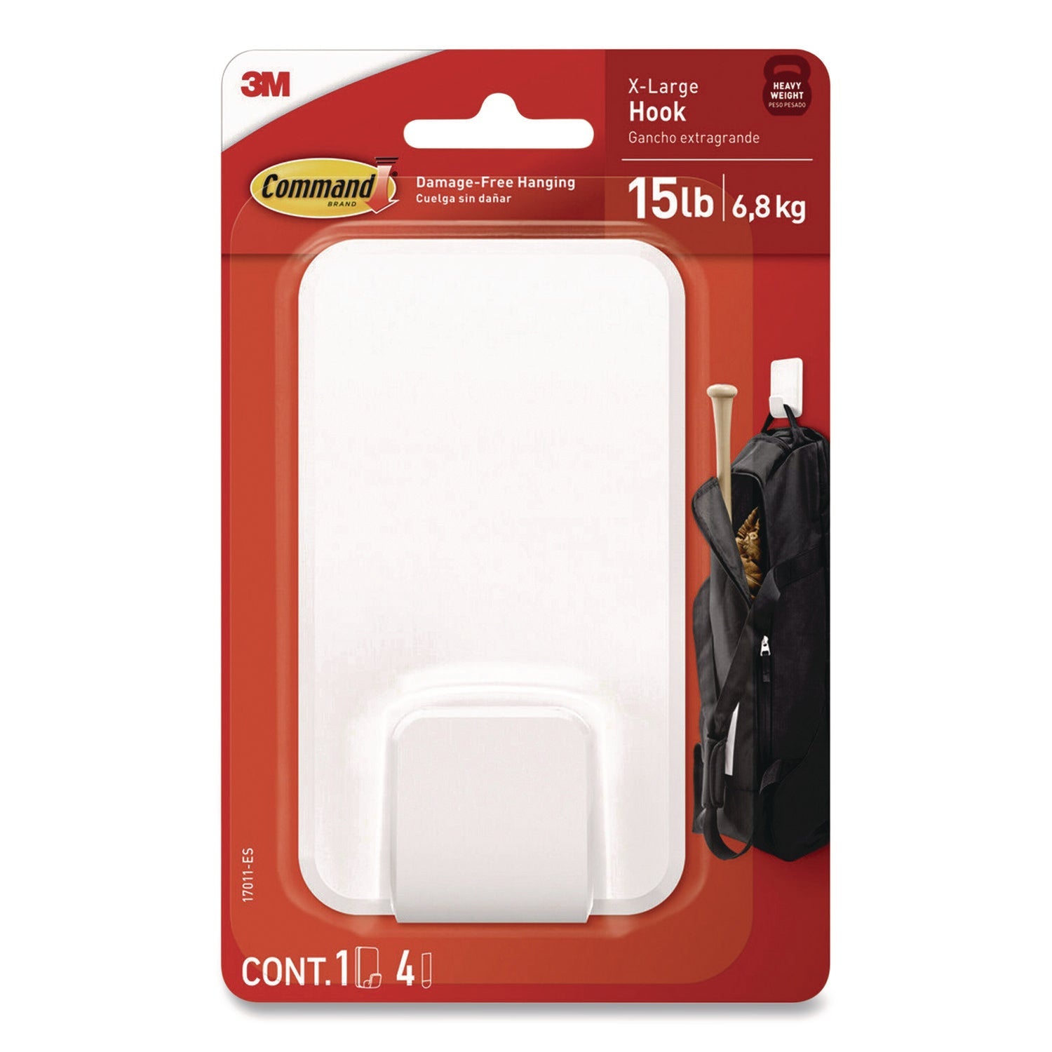 Command™ X-Large Utility Hooks, Plastic, White, 15 lb Capacity, 1 Hook and 4 Strips