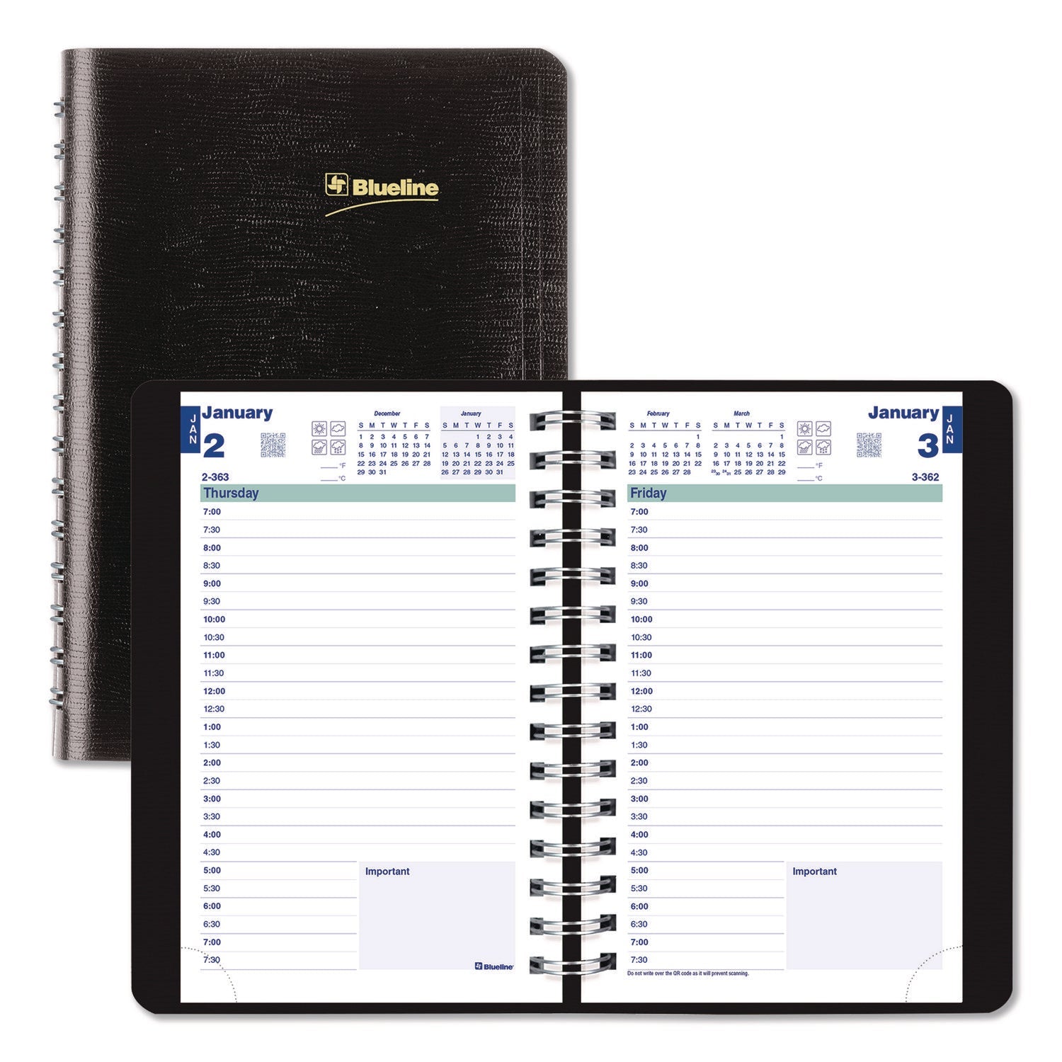 Blueline® Plan and Link Daily Appointment Book, 8 x 5, Black Distressed Faux Leather Cover, 12-Month (Jan to Dec): 2025 - Bloom Skins