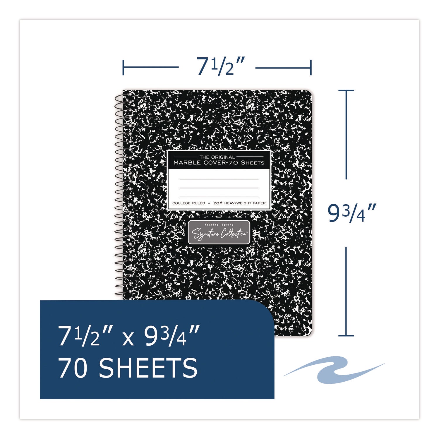 Roaring Spring® Signature Collection Spiralbound Composition Book, Medium/College Rule, Black Marble Cover, (70) 9.75 x 7 Sheets - Bloom Skins