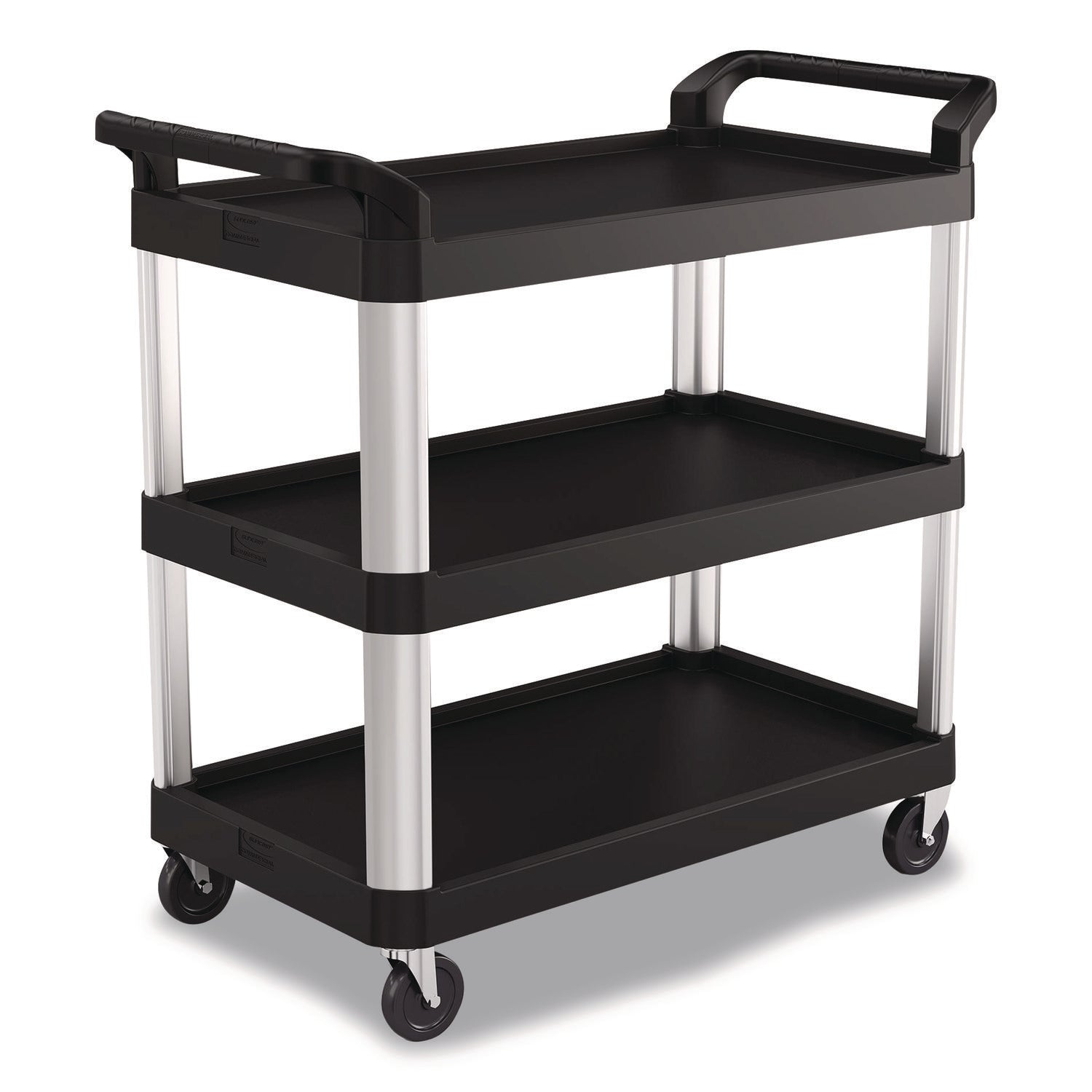 Suncast Commercial® Three-Shelf Service Cart, Metal/Plastic, 3 Shelves, 300 lb Capacity, 20" x 39.85" x 38.17", Black - Bloom Skins