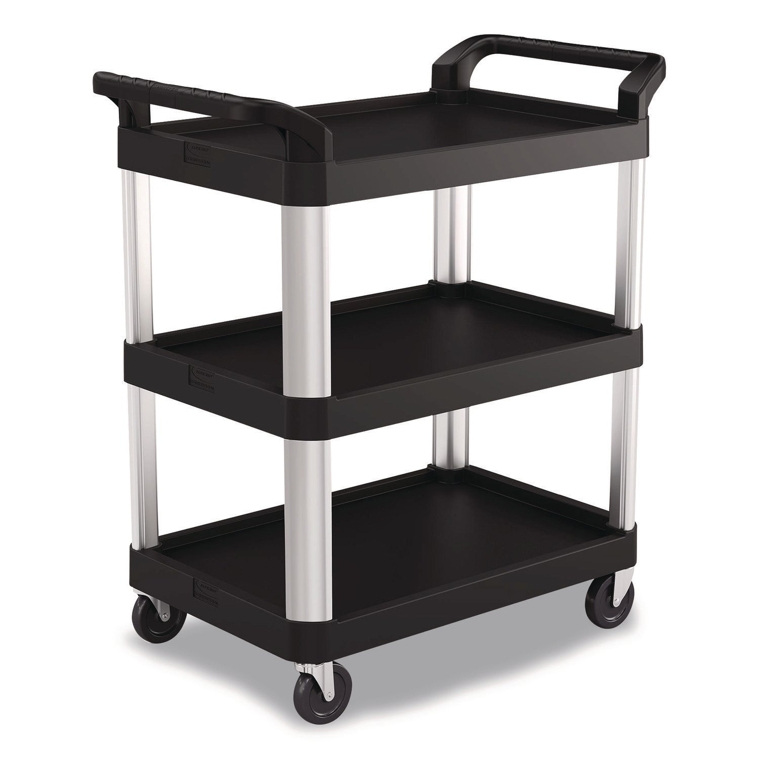 Suncast Commercial® Three-Shelf Service Cart, Metal/Plastic, 3 Shelves, 300 lb Capacity, 20" x 34" x 37.92", Black - Bloom Skins