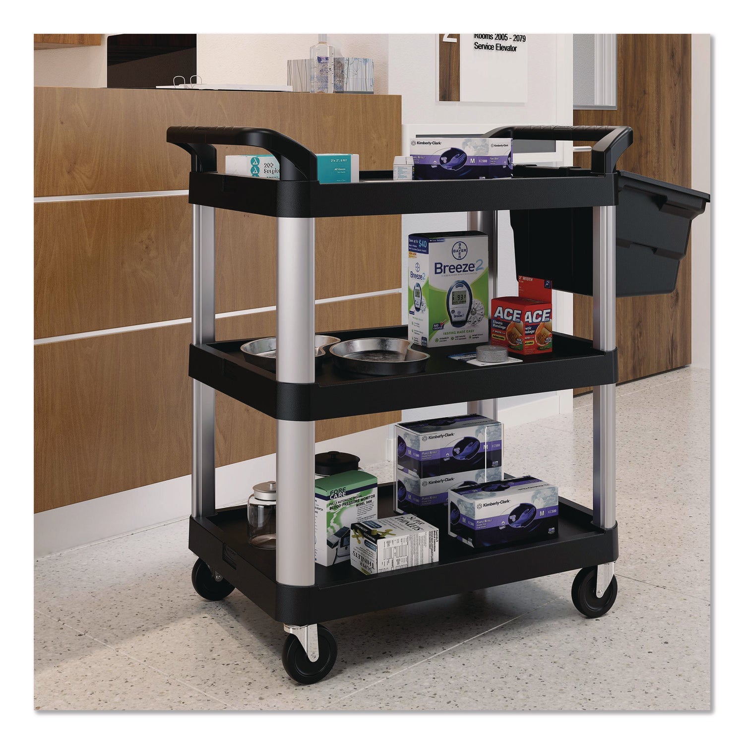 Suncast Commercial® Three-Shelf Service Cart, Metal/Plastic, 3 Shelves, 300 lb Capacity, 20" x 34" x 37.92", Black - Bloom Skins
