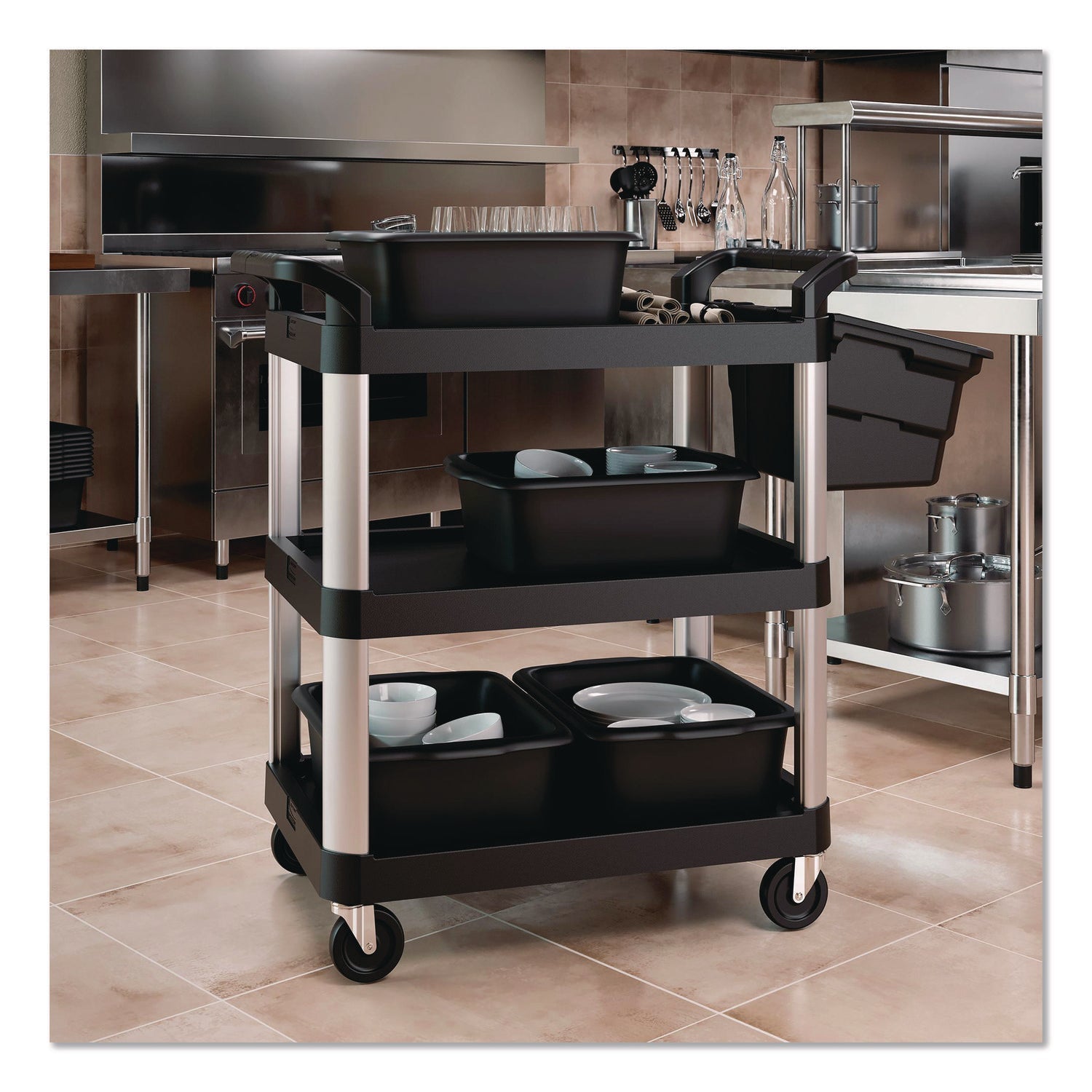 Suncast Commercial® Three-Shelf Service Cart, Metal/Plastic, 3 Shelves, 300 lb Capacity, 20" x 34" x 37.92", Black - Bloom Skins
