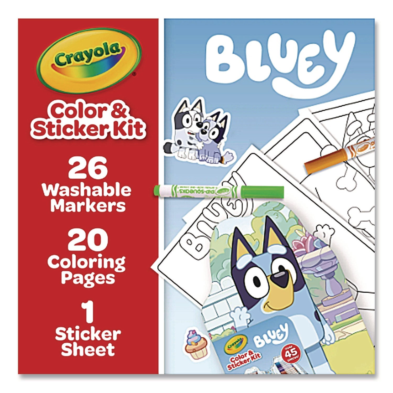 Crayola® Bluey Color and Sticker Kit, (26) Pip-Squeaks Skinnies Washable Markers, (20) Coloring Pages, (1) Sticker Sheet