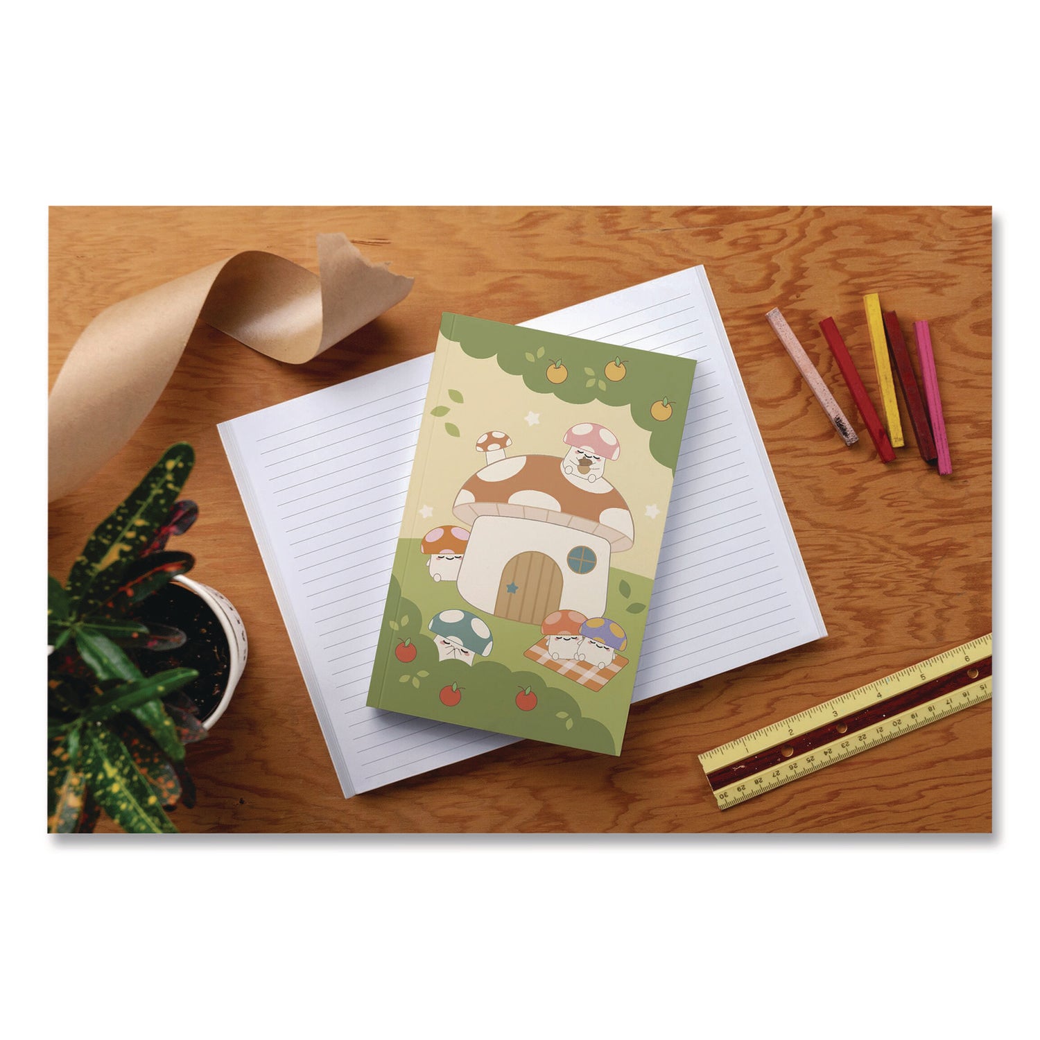 Denik Smoko Mushroom Garden Layflat Notebook, 1 Subject, Medium/College Rule, Green/Tan/Red Cover, (72) 8 x 5 Sheets