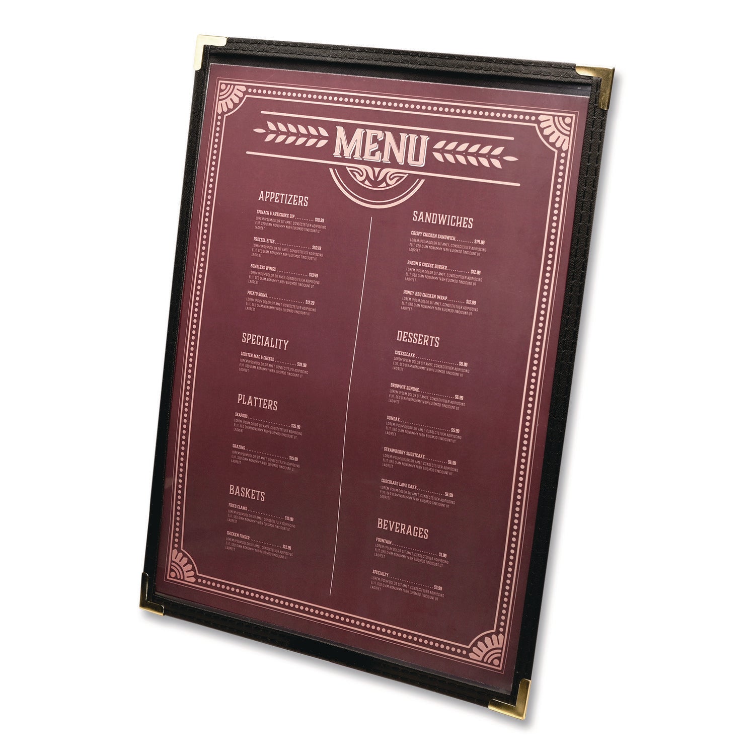 Excello Global Products® Menu Holder For 8.5 x 11 Menus, Portrait Orientation, 9.3 x 11.9 Holder, Clear/Black/Gold - Bloom Skins
