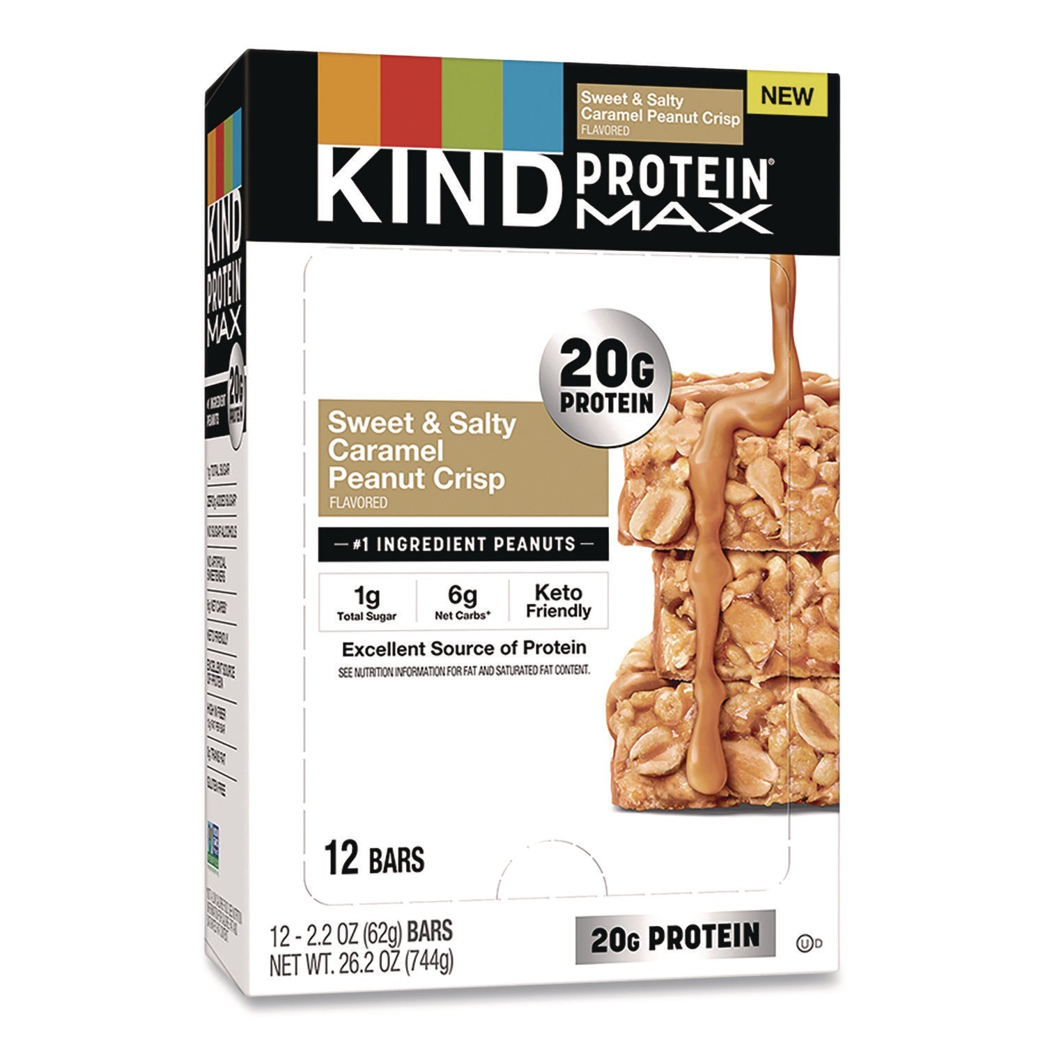 KIND Protein MAX Bar, Sweet and Salty Caramel Peanut Crisp, 2.2 oz Bar, 12/Box