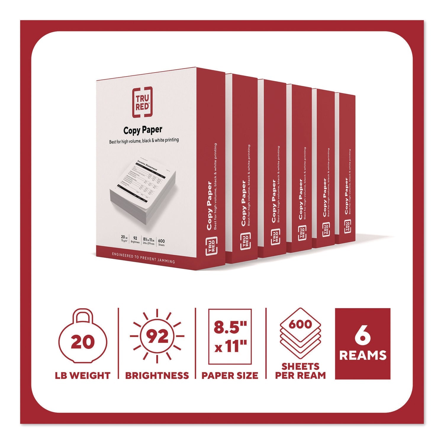 TRU RED™ Copy Paper, 92 Bright, 20 lb Bond Weight, 8.5 x 11, 600 Sheets/Ream, 6 Reams/Carton - Bloom Skins