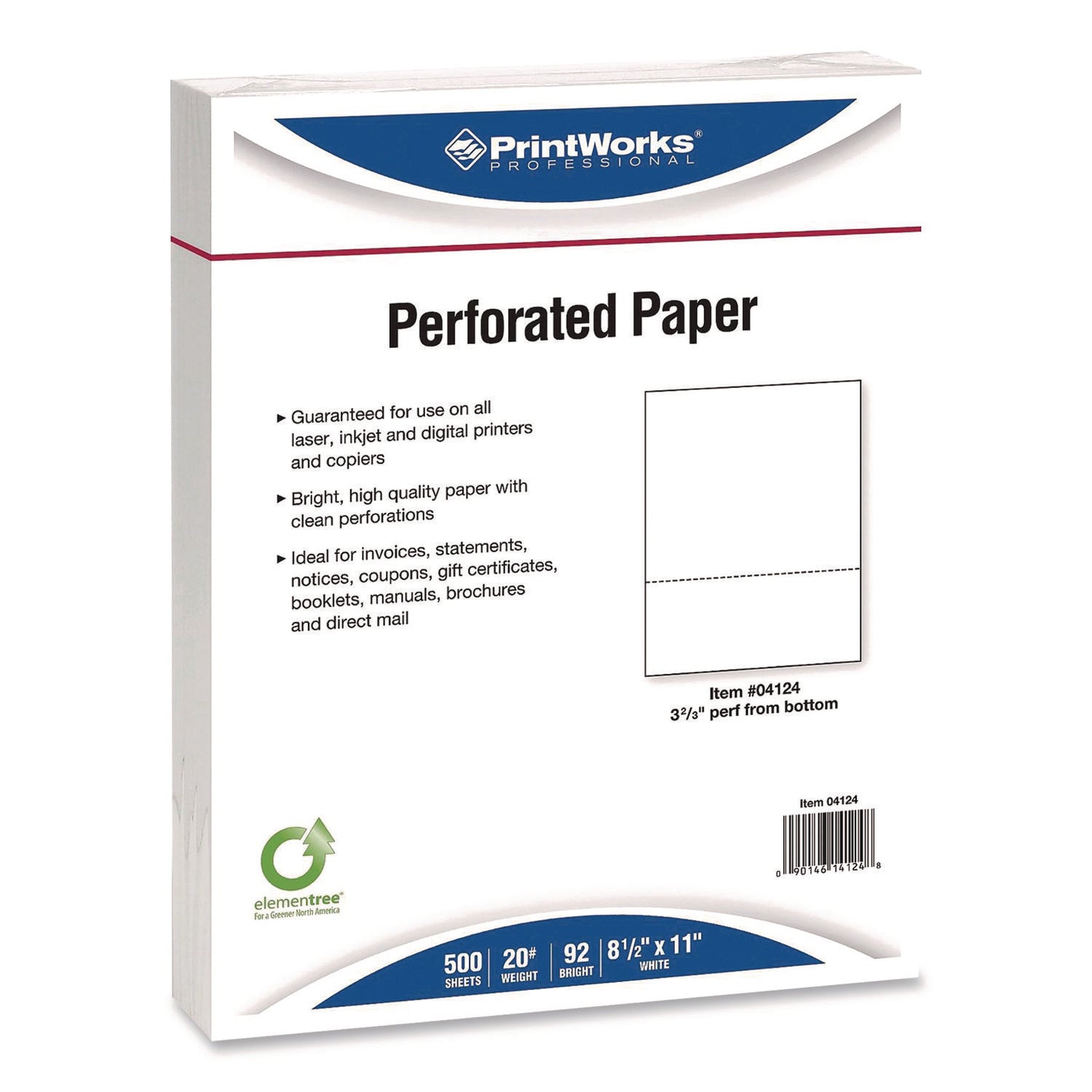 PrintWorks® Professional Perforated Paper, 92 Bright, Perforated 3.66" from Bottom, 8.5 x 11, White, 500 Sheets/Ream, 5 Reams/Carton - Bloom Skins