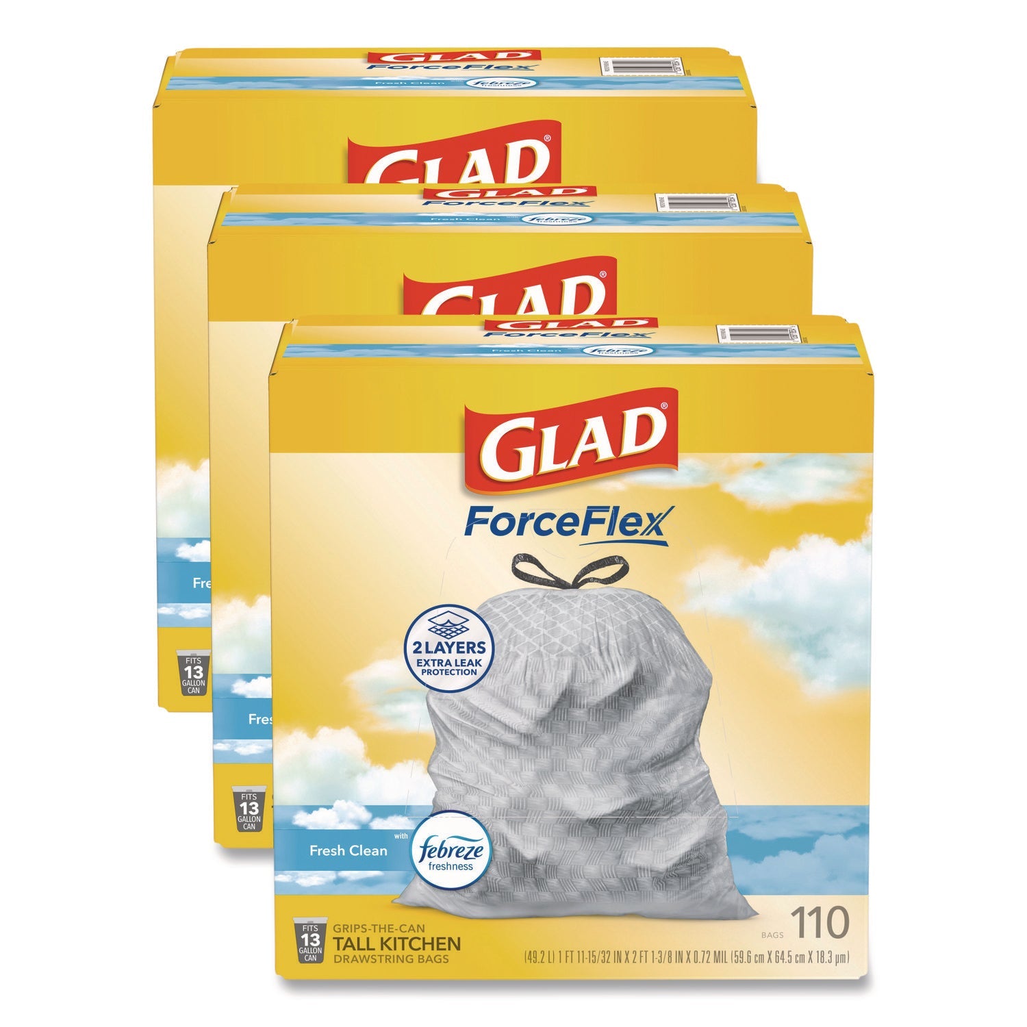 Glad® ForceFlex Tall Kitchen Drawstring Trash Bags, Drawstring, 13 gal, Fresh Clean Scent, 10.19 x 9.81, Gray, 110/Roll, 3/Carton