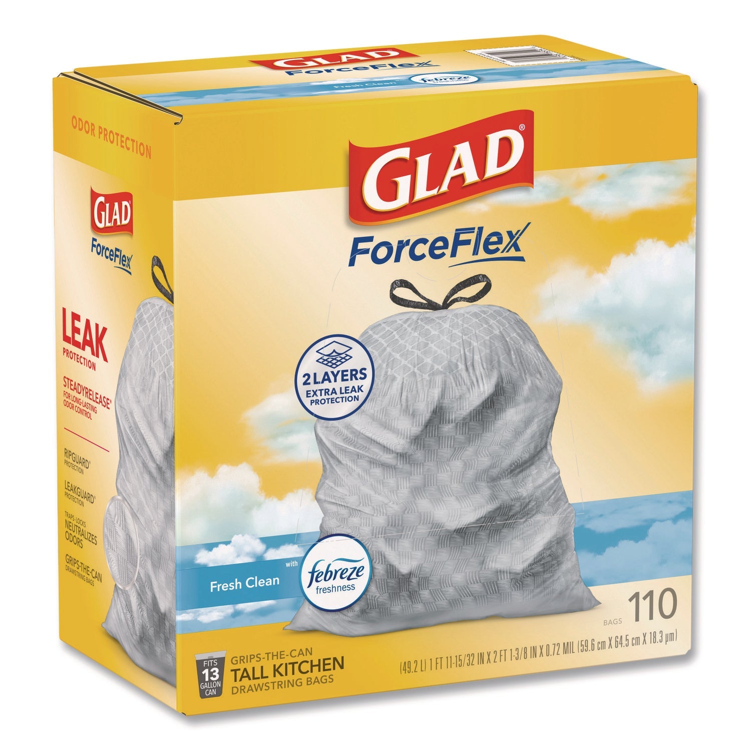Glad® ForceFlex Tall Kitchen Drawstring Trash Bags, Drawstring, 13 gal, Fresh Clean Scent, 10.19 x 9.81, Gray, 110/Roll, 3/Carton - Bloom Skins