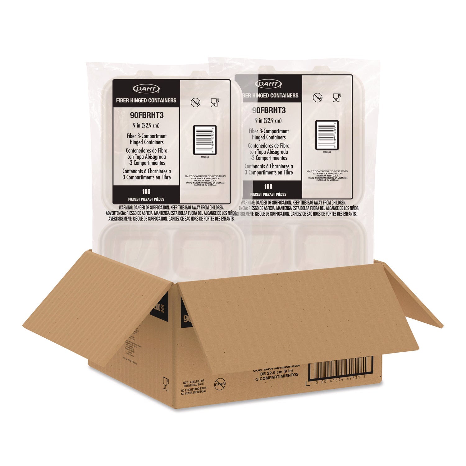 Dart® Compostable Molded Fiber Hinged Trays, ProPlanet Seal, 3 Compartments, 9.14 x 9 x 2.98, Natural, 200/Carton - Bloom Skins