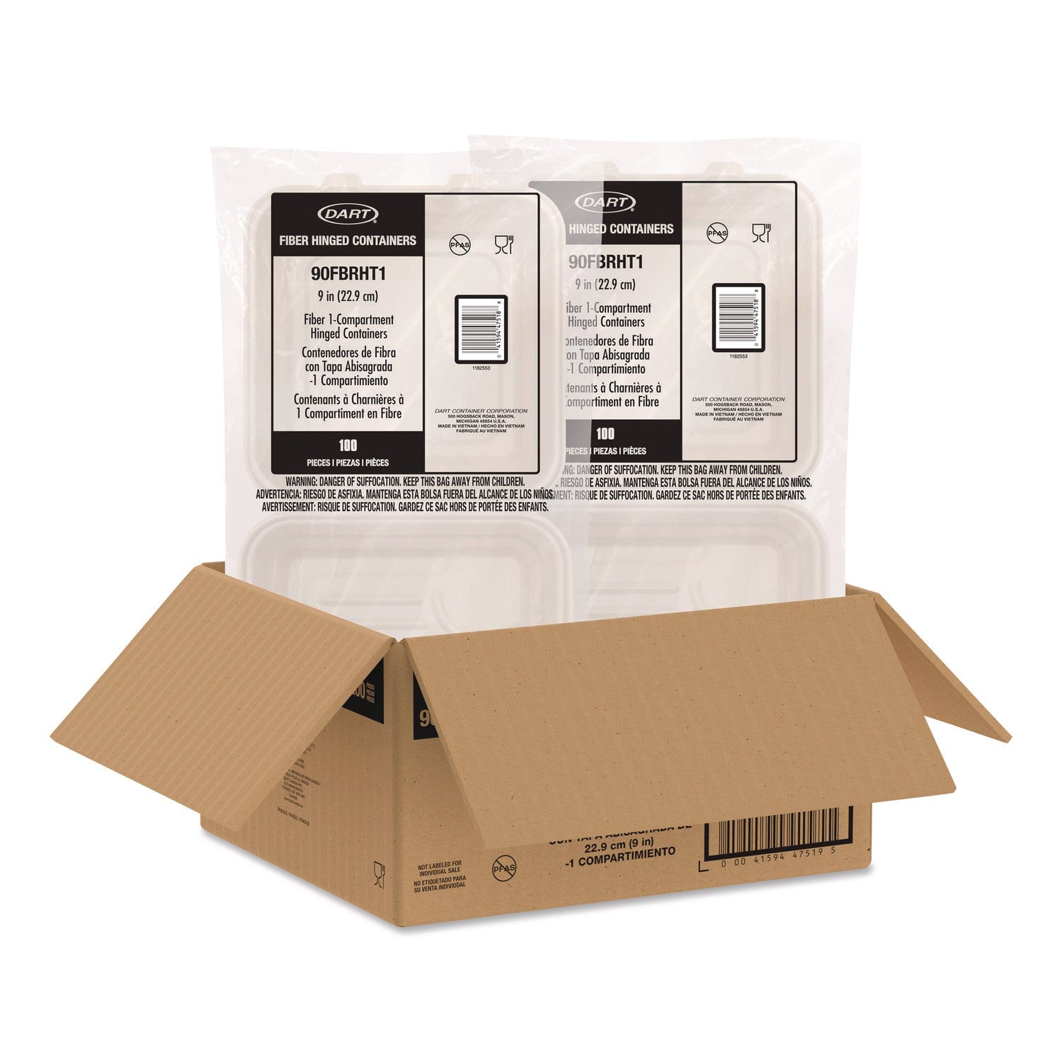Dart® Compostable Molded Fiber Hinged Trays, ProPlanet Seal, 9.14 x 9 x 2.98, Natural, 200/Carton - Bloom Skins
