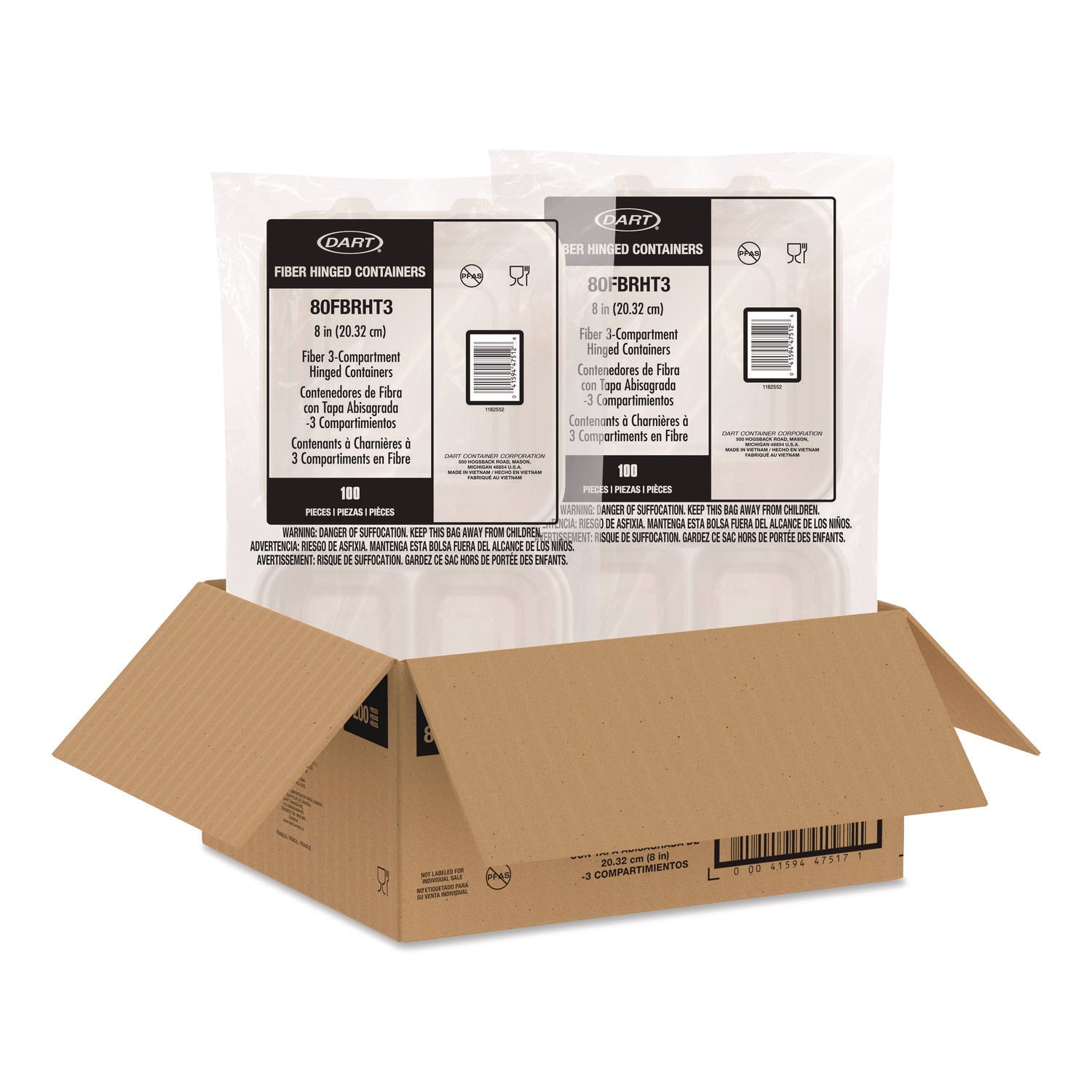 Dart® Compostable Molded Fiber Hinged Trays, ProPlanet Seal, 3 Compartments, 8.65 x 7.94 x 2.98, Natural, 200/Carton - Bloom Skins