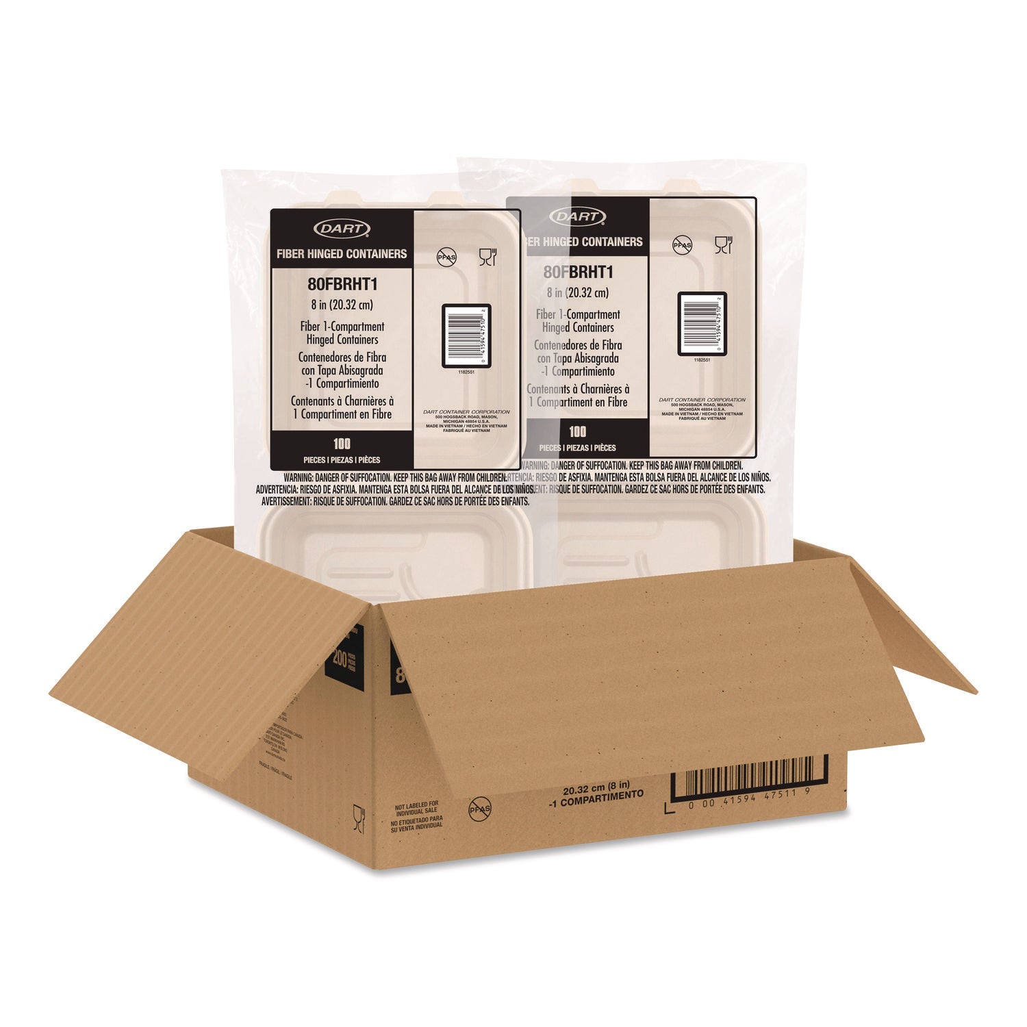 Dart® Compostable Molded Fiber Hinged Trays, ProPlanet Seal, 8.65 x 7.94 x 2.98, Natural, 200/Carton - Bloom Skins