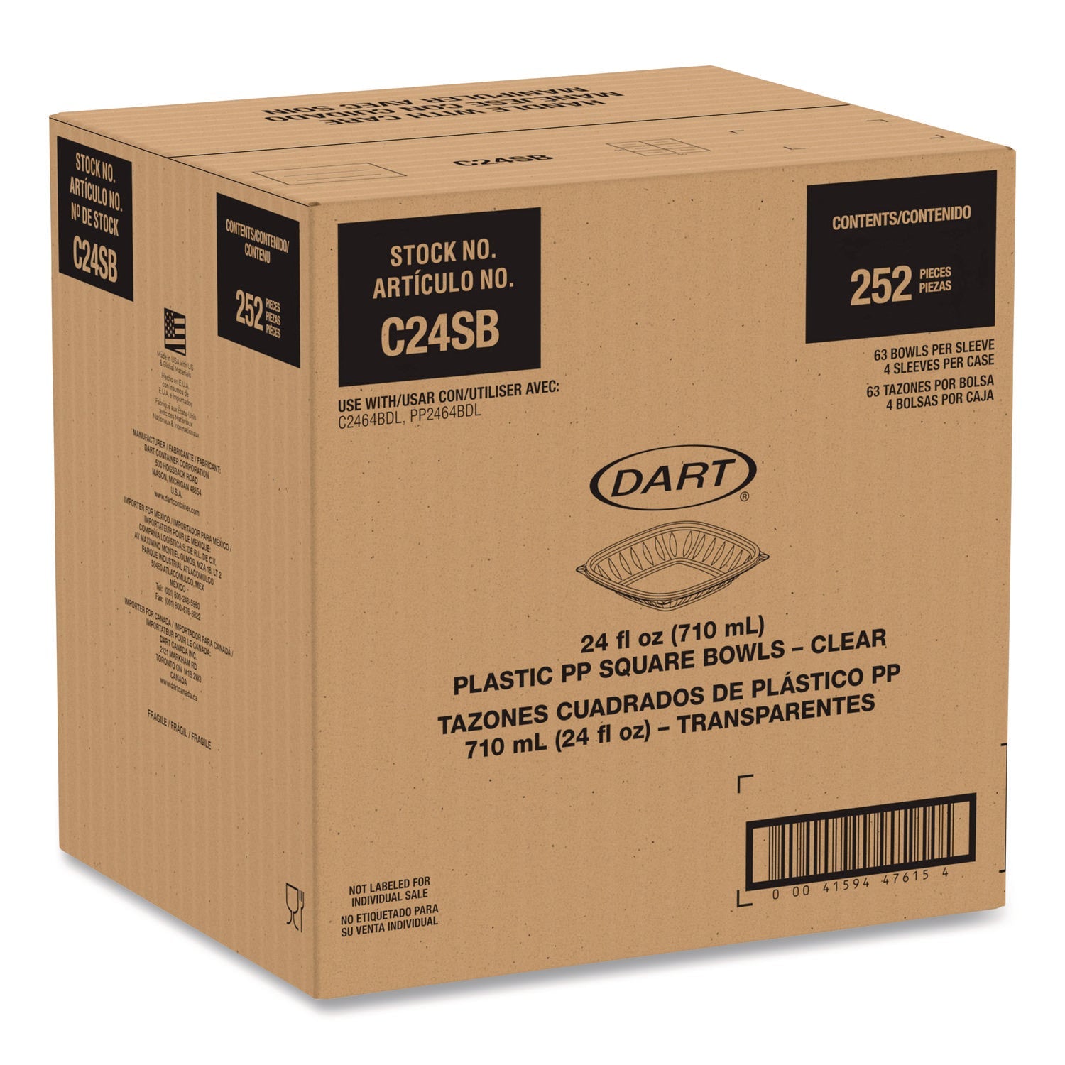 Dart® Square Plastic Bowls, 24 oz, 5 x 5 x 1.99, Clear, Plastic, 63 Bowls/Sleeve, 4 Sleeves/Carton - Bloom Skins