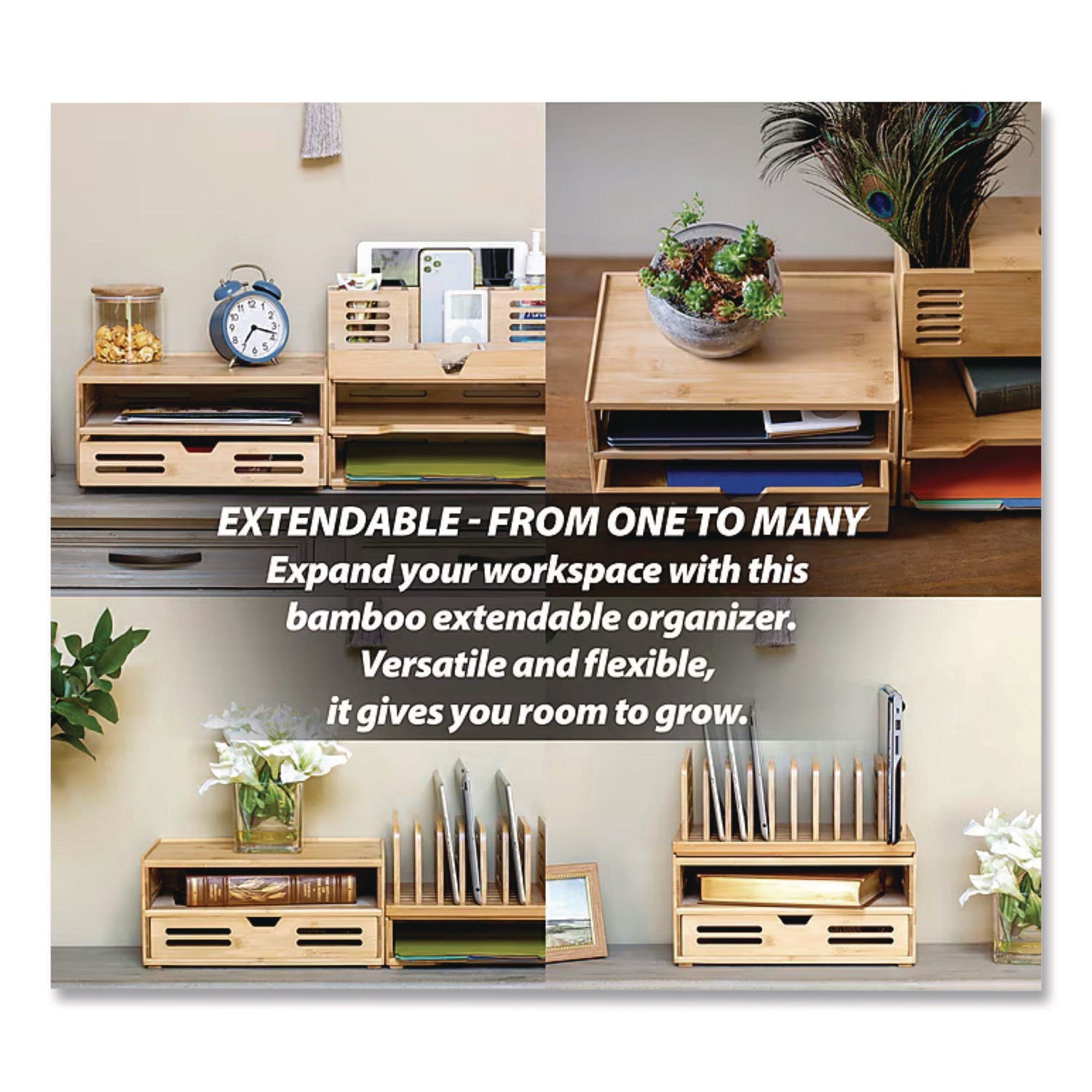 Officemate Bamboo Stackable Document Organizer with Drawer, 2 Sections, Letter Size Files, 14.09" x 10.08" x 7.7", Brown