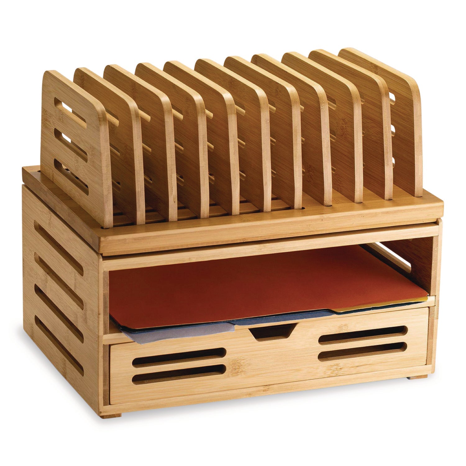 Officemate Bamboo Stackable Document Organizer with Drawer, 2 Sections, Letter Size Files, 14.09" x 10.08" x 7.7", Brown
