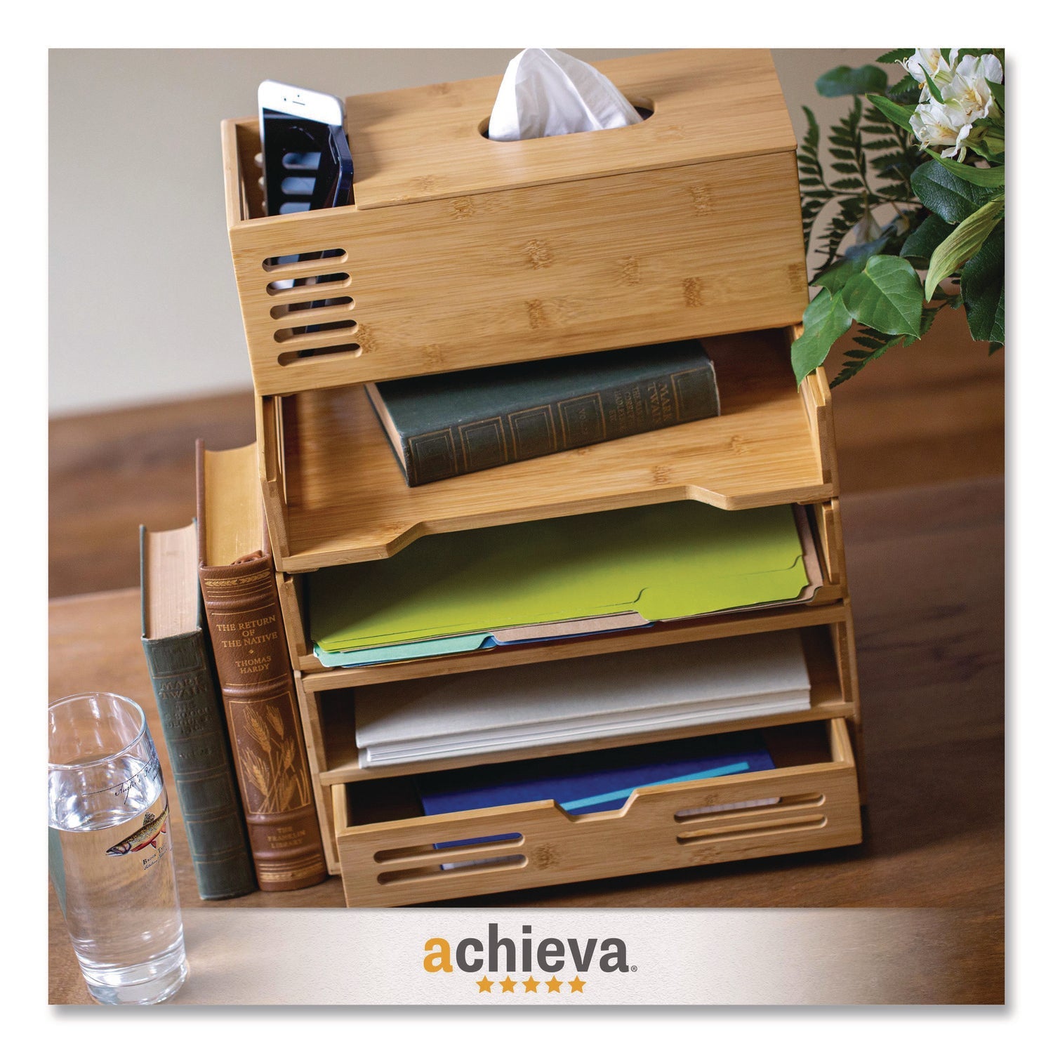 Officemate Bamboo Stackable Desktop Document Trays, 2 Sections, Letter Size Files, 14.09" x 10.47" x 4.4", Brown, 2/Pack
