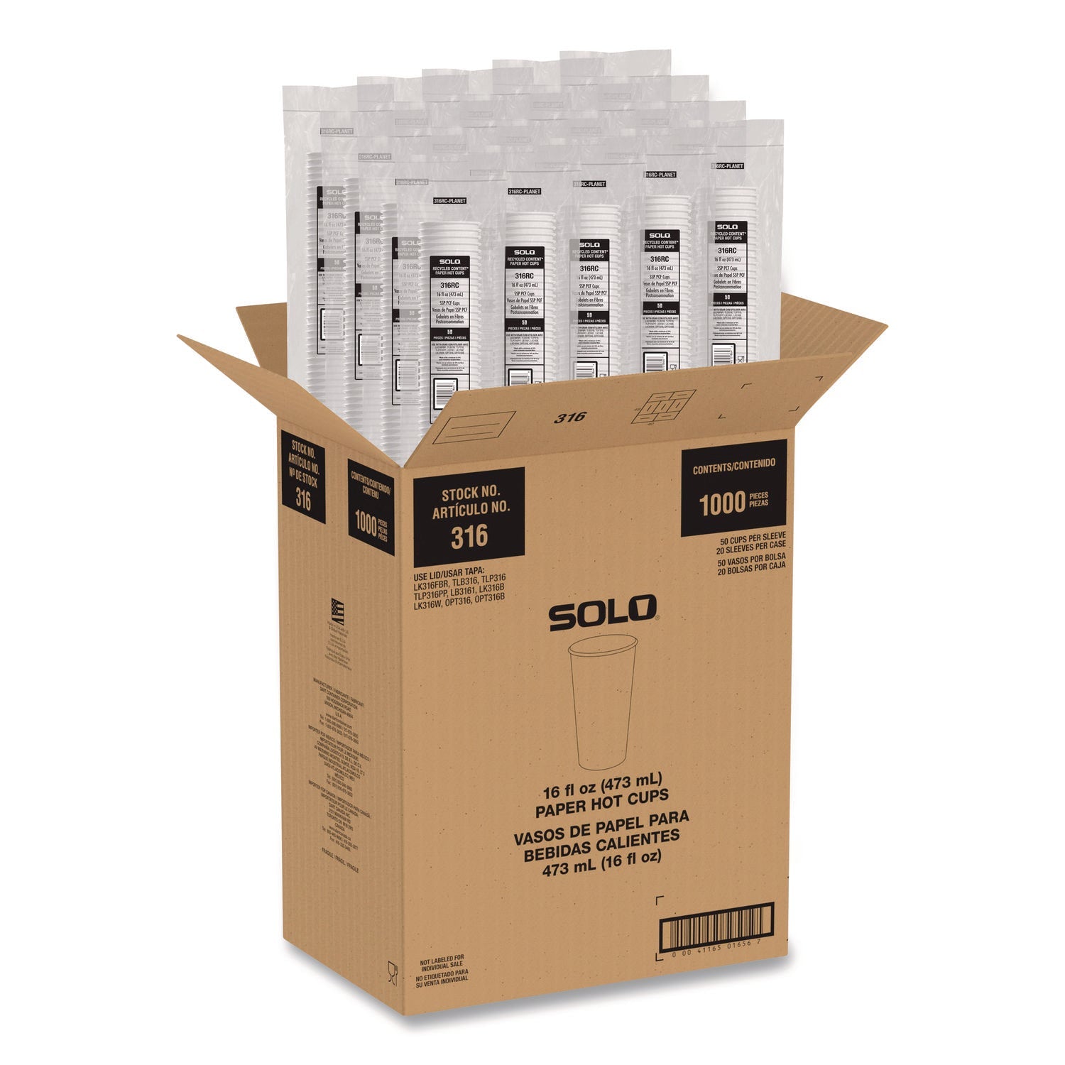 SOLO® Recycled Content PCF Paper Hot Cups, ProPlanet Seal, 16 oz, White/Blue, 1,000/Carton