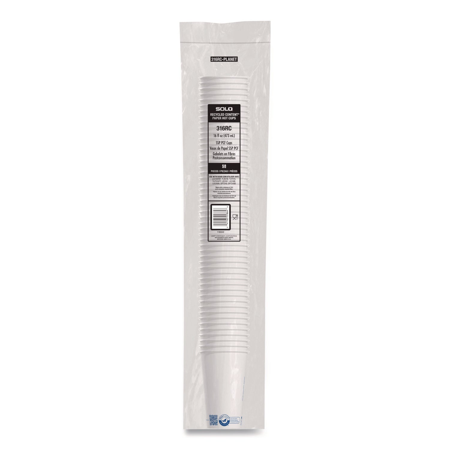 SOLO® Recycled Content PCF Paper Hot Cups, ProPlanet Seal, 16 oz, White/Blue, 1,000/Carton