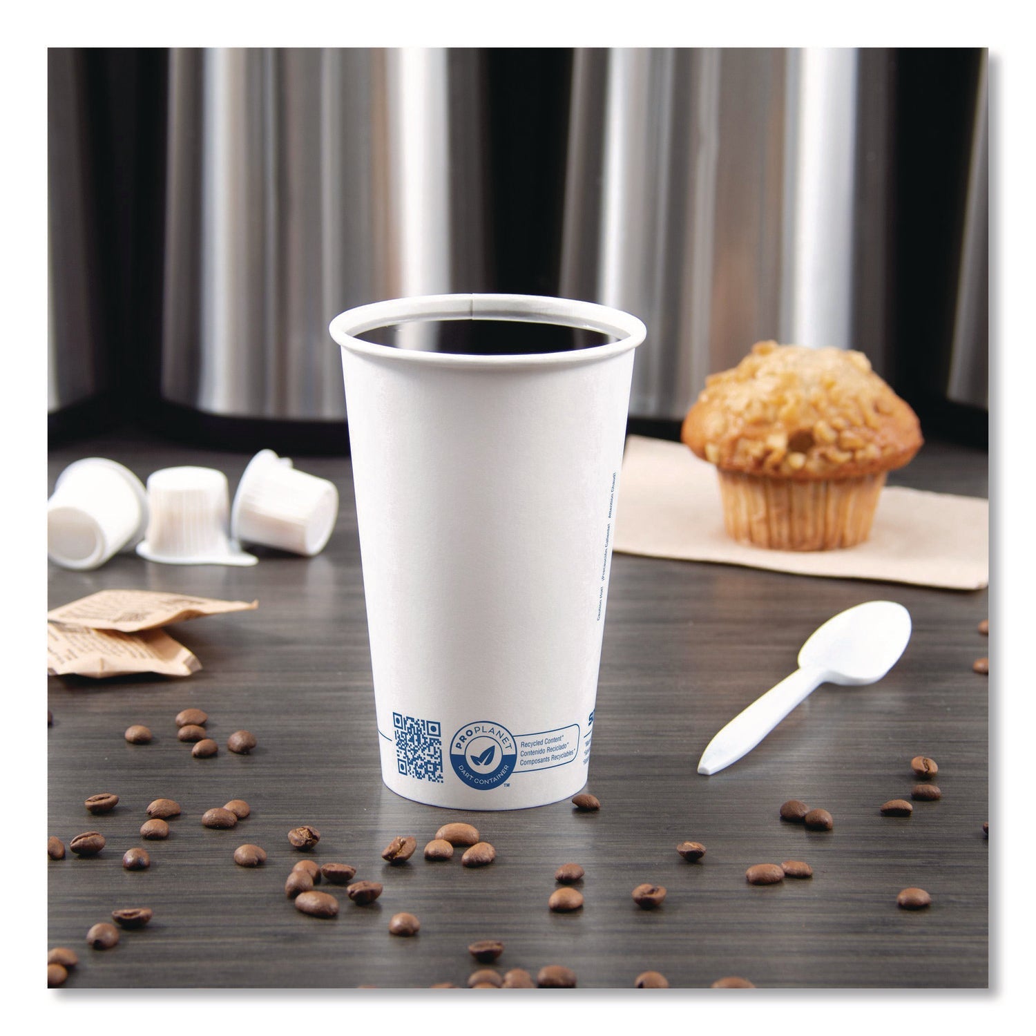 SOLO® Recycled Content PCF Paper Hot Cups, ProPlanet Seal, 16 oz, White/Blue, 1,000/Carton