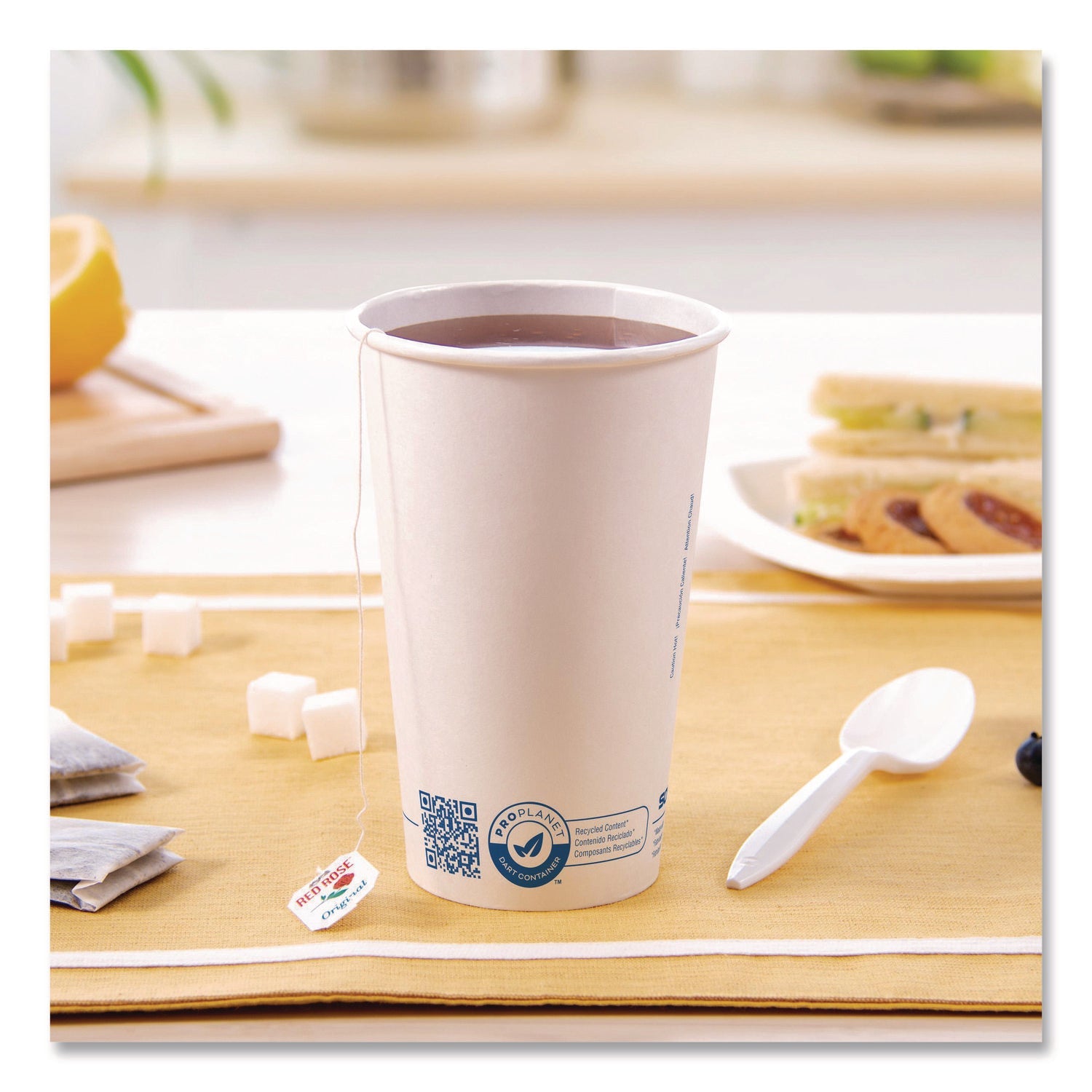 SOLO® Recycled Content PCF Paper Hot Cups, ProPlanet Seal, 16 oz, White/Blue, 1,000/Carton