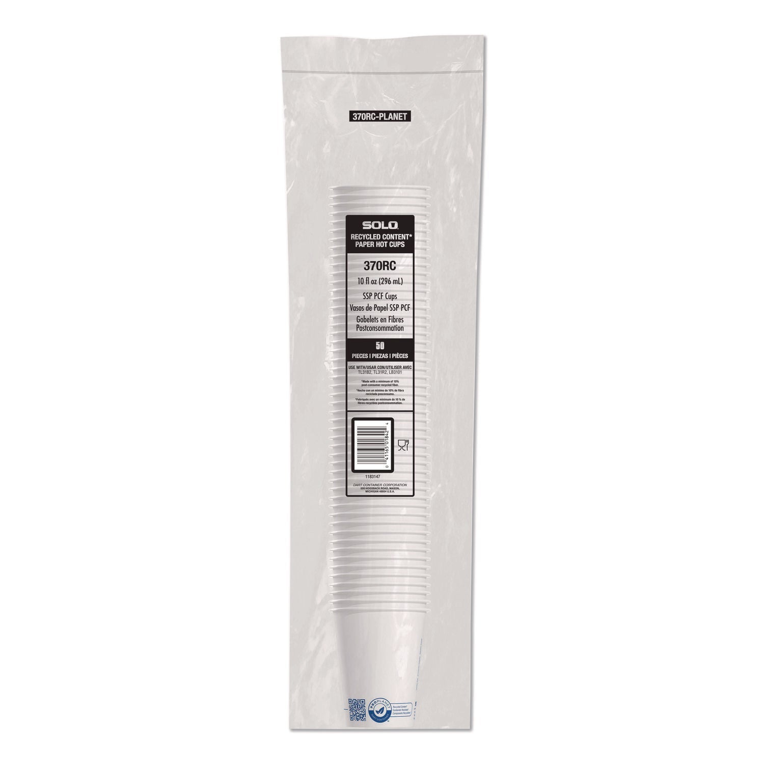 SOLO® Recycled Content PCF Paper Hot Cups, ProPlanet Seal, 10 oz, White/Blue, 1,000/Carton
