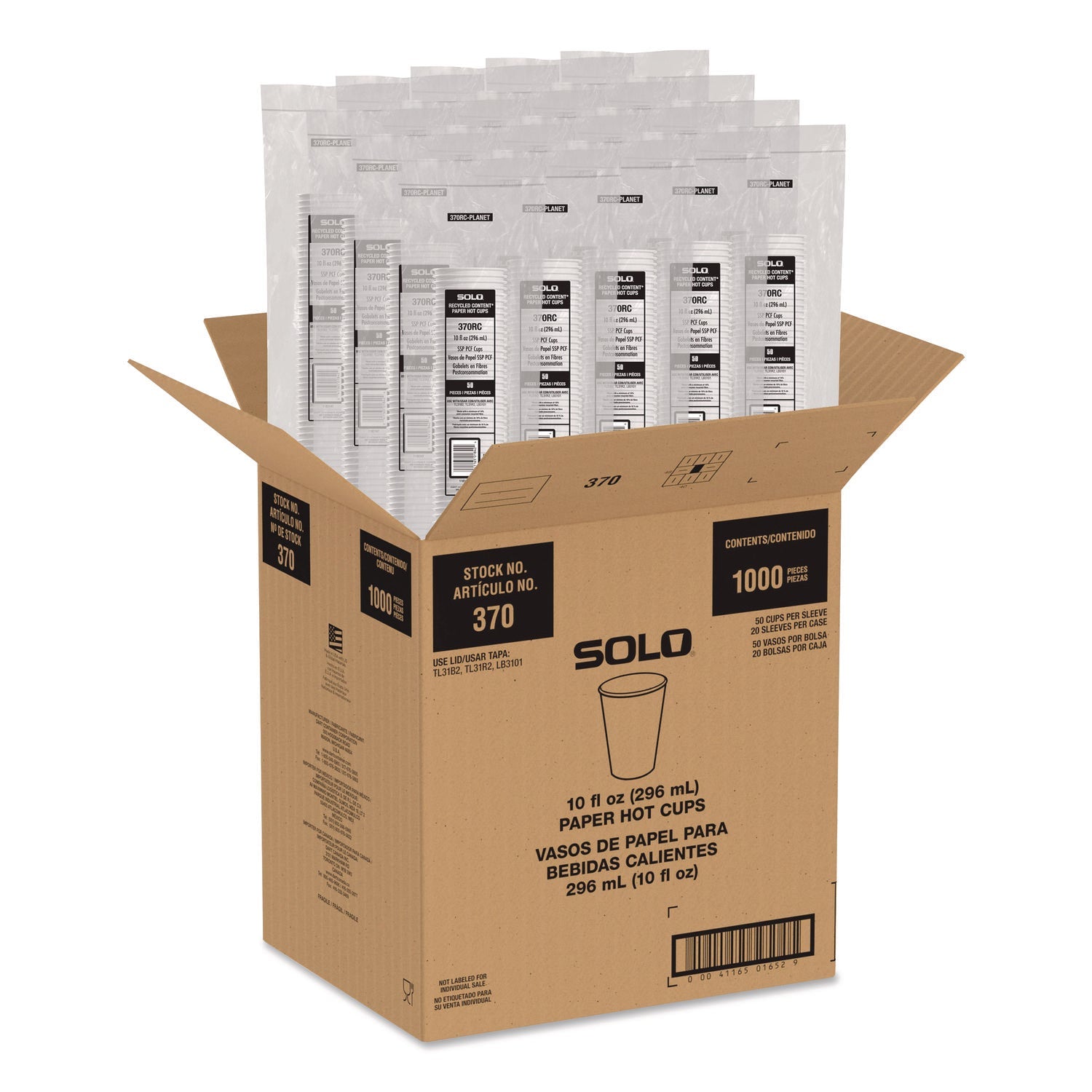 SOLO® Recycled Content PCF Paper Hot Cups, ProPlanet Seal, 10 oz, White/Blue, 1,000/Carton
