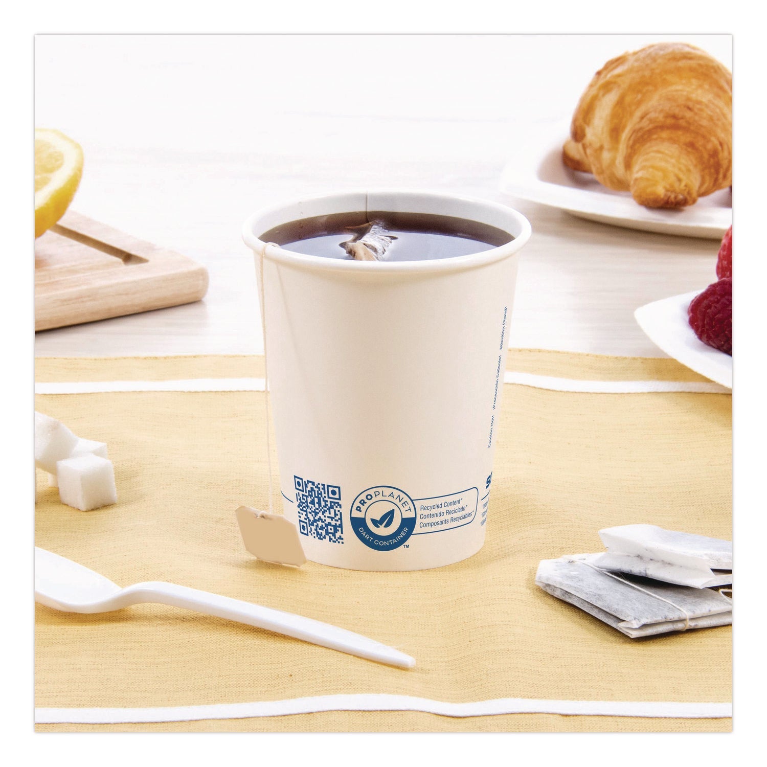 SOLO® Recycled Content PCF Paper Hot Cups, ProPlanet Seal, 10 oz, White/Blue, 1,000/Carton