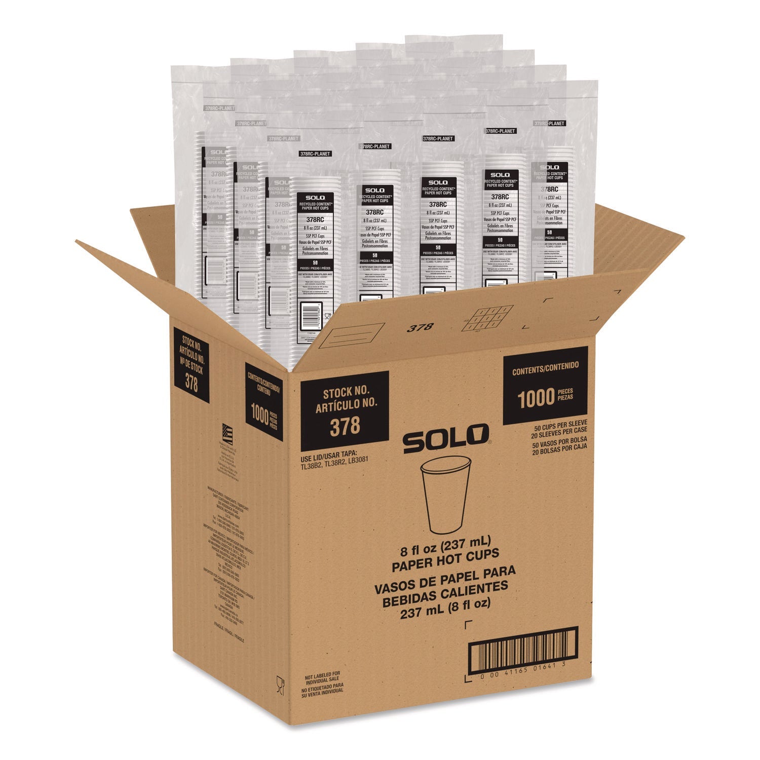SOLO® Recycled Content PCF Paper Hot Cups, ProPlanet Seal, 8 oz, White/Blue, 1,000/Carton