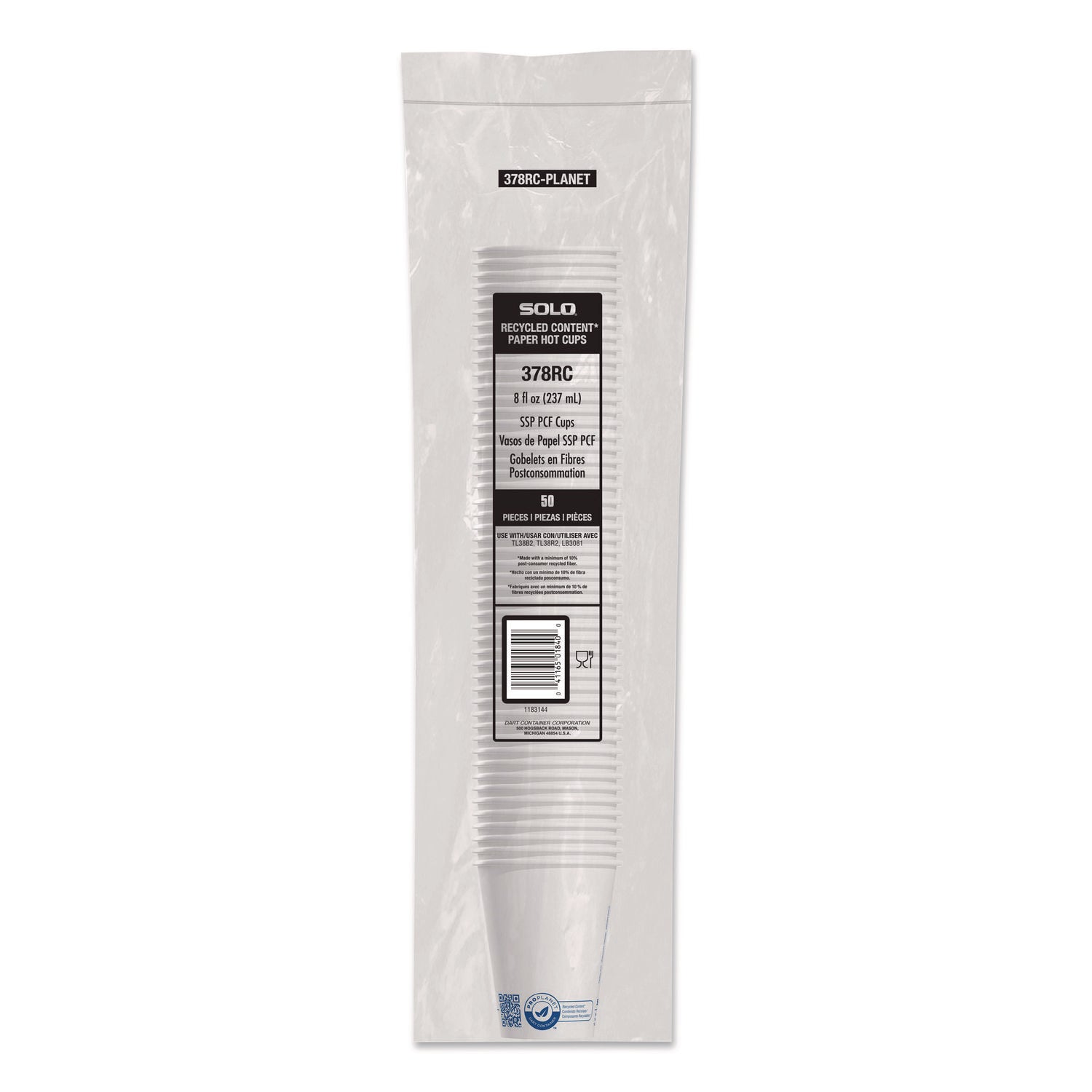 SOLO® Recycled Content PCF Paper Hot Cups, ProPlanet Seal, 8 oz, White/Blue, 1,000/Carton