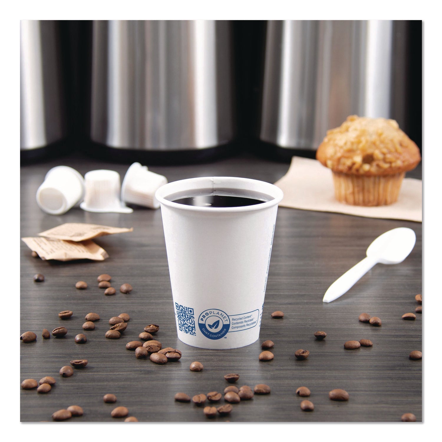 SOLO® Recycled Content PCF Paper Hot Cups, ProPlanet Seal, 8 oz, White/Blue, 1,000/Carton