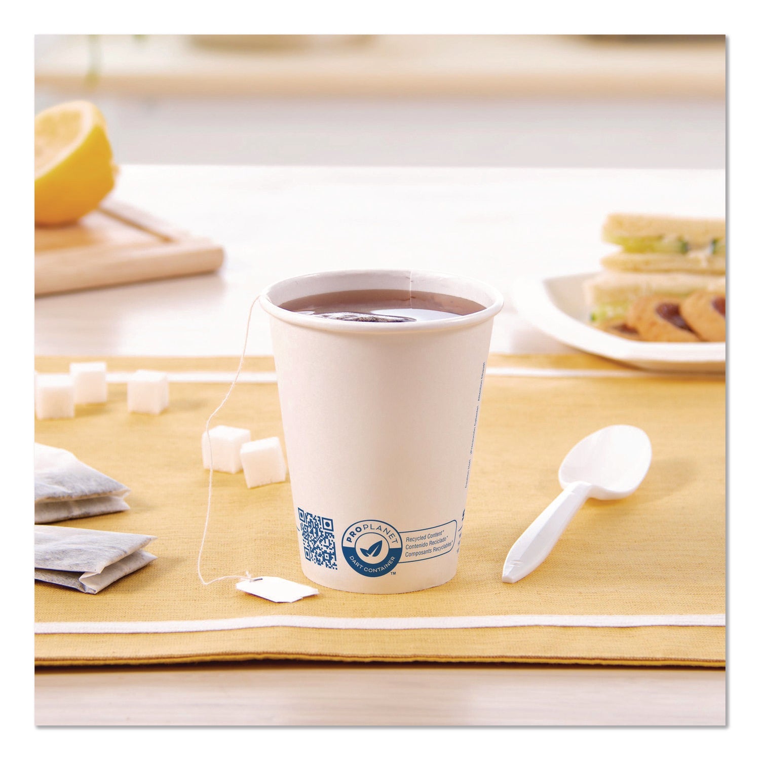 SOLO® Recycled Content PCF Paper Hot Cups, ProPlanet Seal, 8 oz, White/Blue, 1,000/Carton