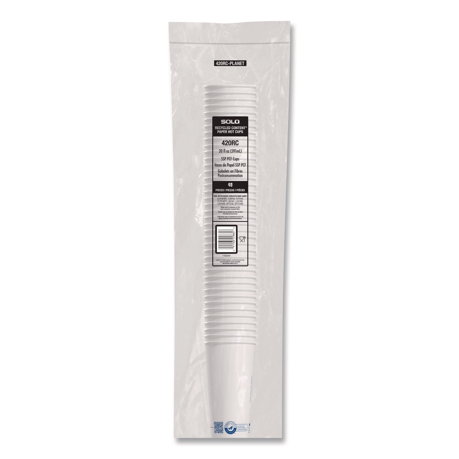 SOLO® Recycled Content PCF Paper Hot Cups, ProPlanet Seal, 20 oz, White/Blue, 600/Carton