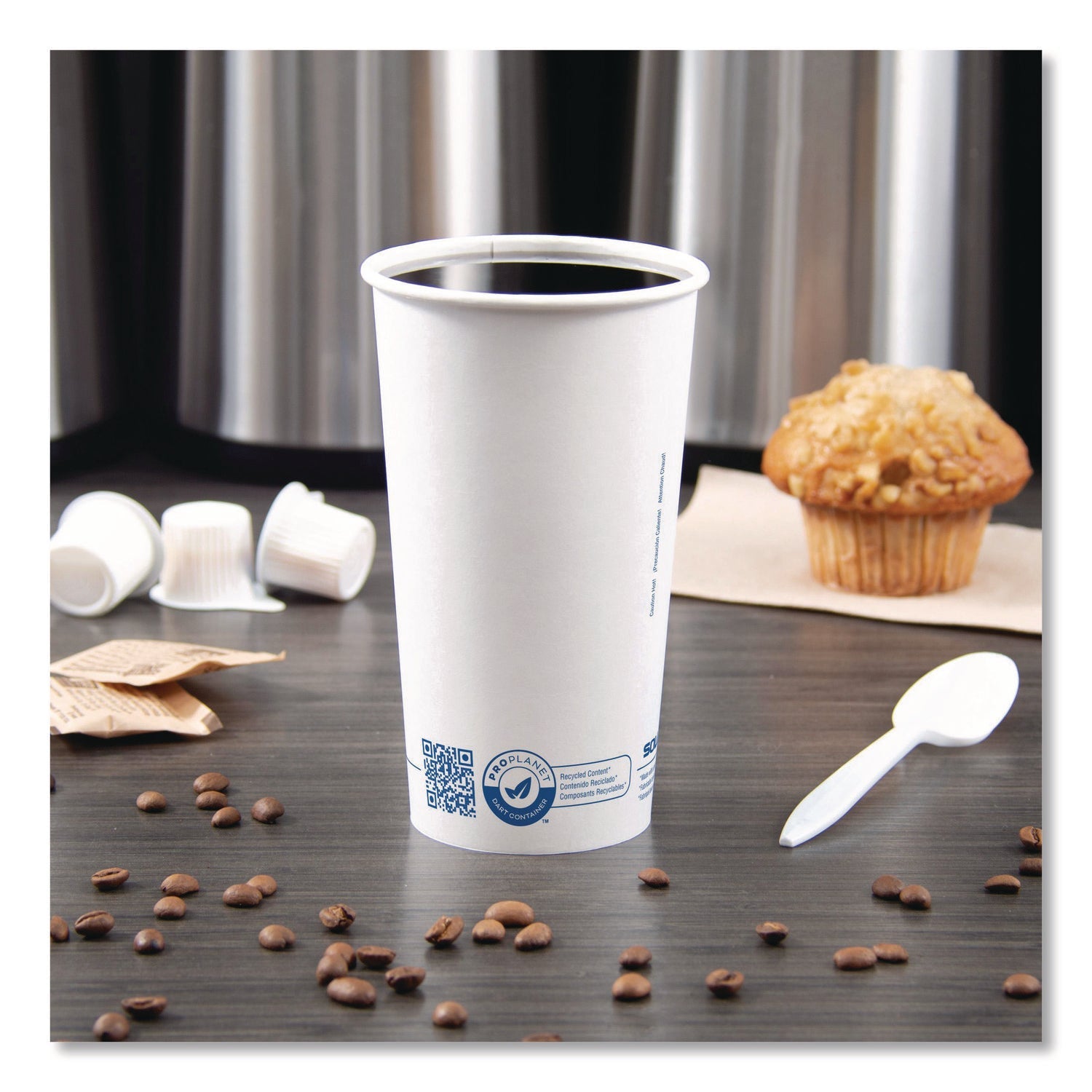 SOLO® Recycled Content PCF Paper Hot Cups, ProPlanet Seal, 20 oz, White/Blue, 600/Carton
