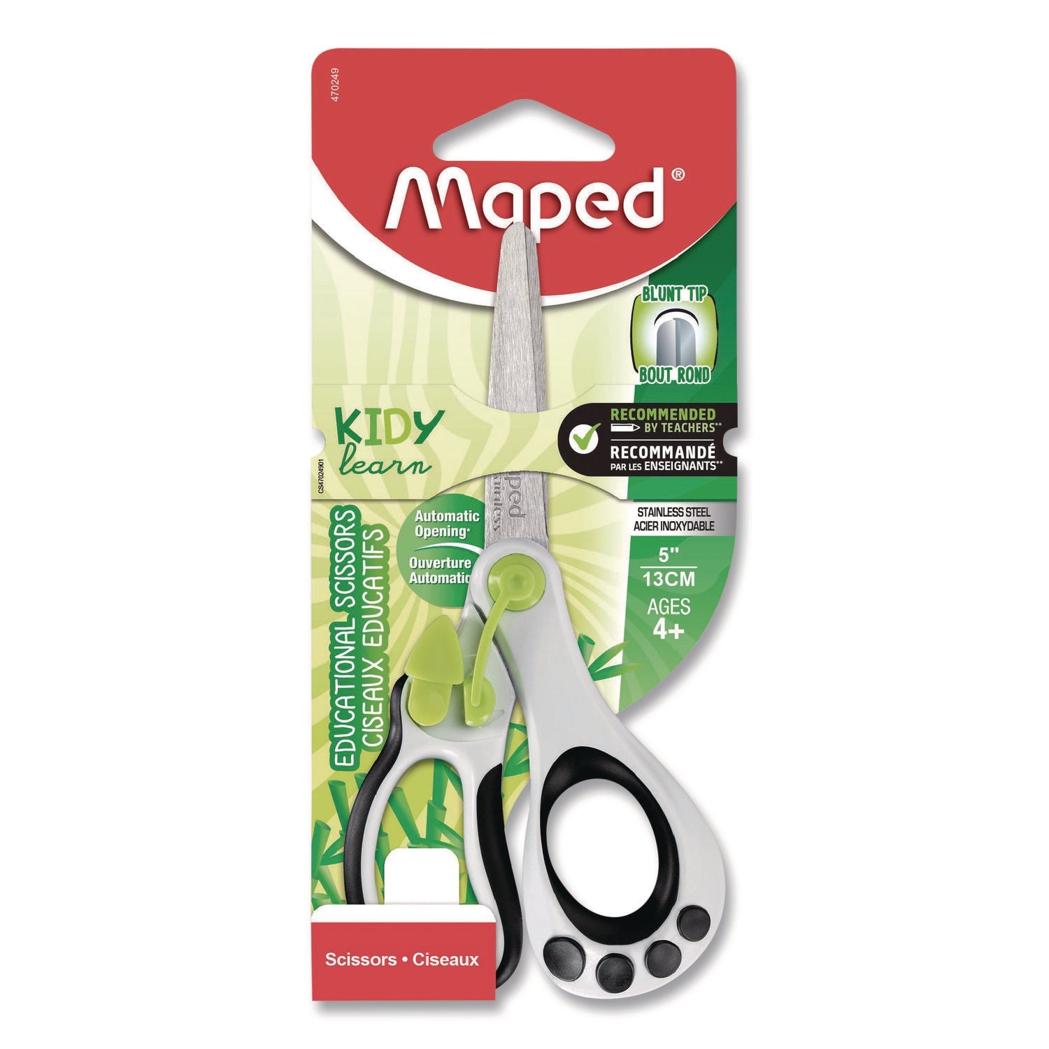 Maped Helix Kidy Spring-Assisted Educational Scissors Rounded Tip, 5.41" Long, 2" Cut Length, Straight White/ Black Handle - Bloom Skins
