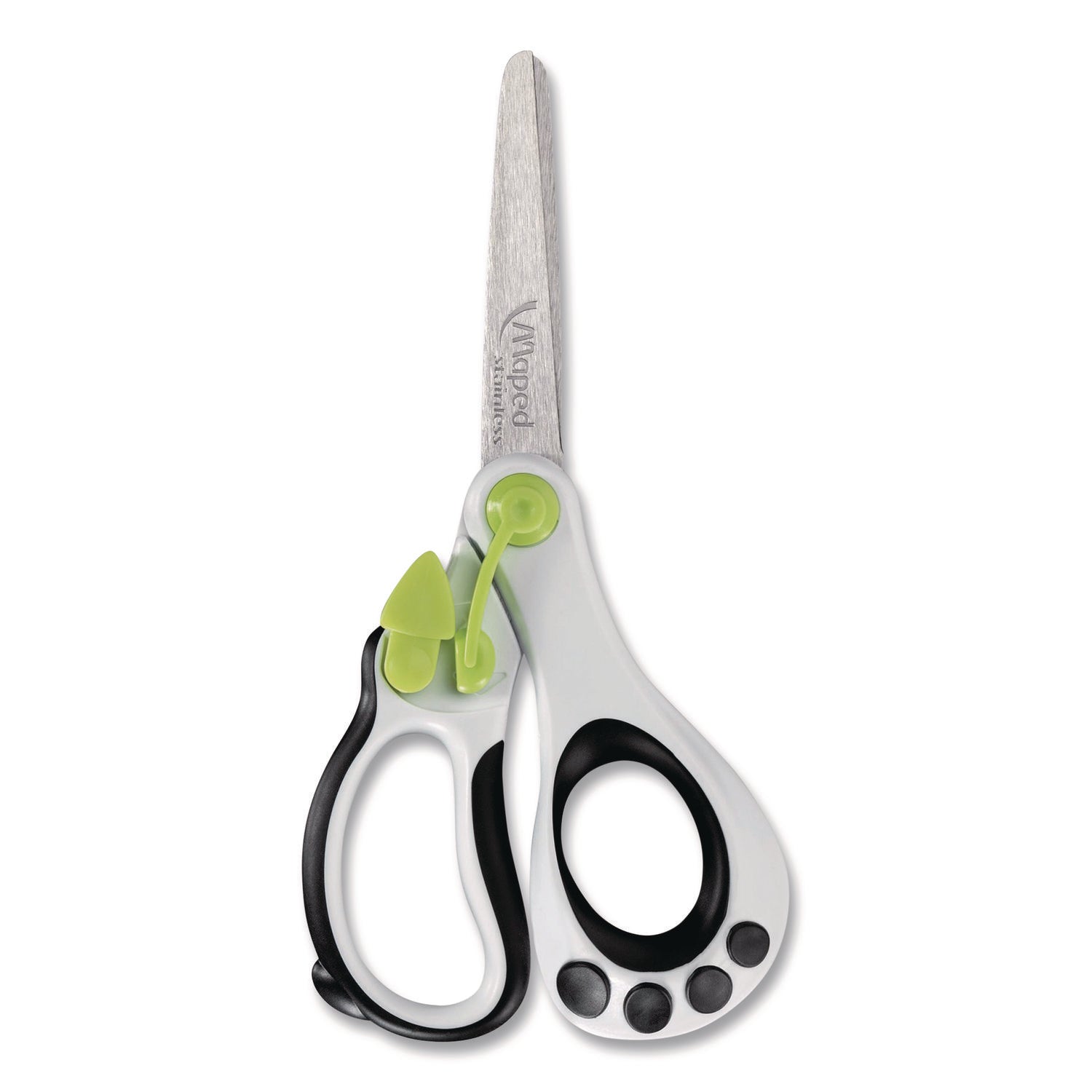 Maped Helix Kidy Spring-Assisted Educational Scissors Rounded Tip, 5.41" Long, 2" Cut Length, Straight White/ Black Handle - Bloom Skins