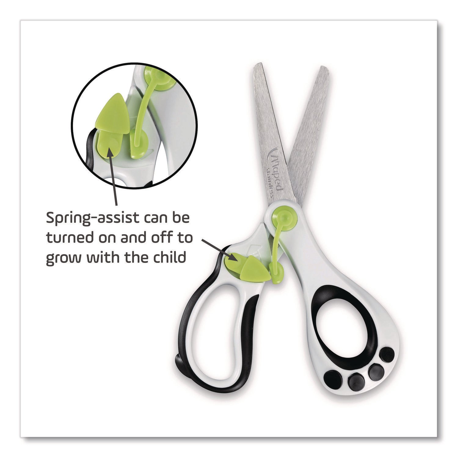 Maped Helix Kidy Spring-Assisted Educational Scissors Rounded Tip, 5.41" Long, 2" Cut Length, Straight White/ Black Handle - Bloom Skins
