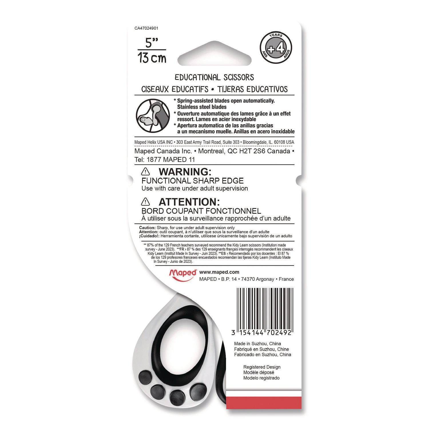 Maped Helix Kidy Spring-Assisted Educational Scissors Rounded Tip, 5.41" Long, 2" Cut Length, Straight White/ Black Handle - Bloom Skins