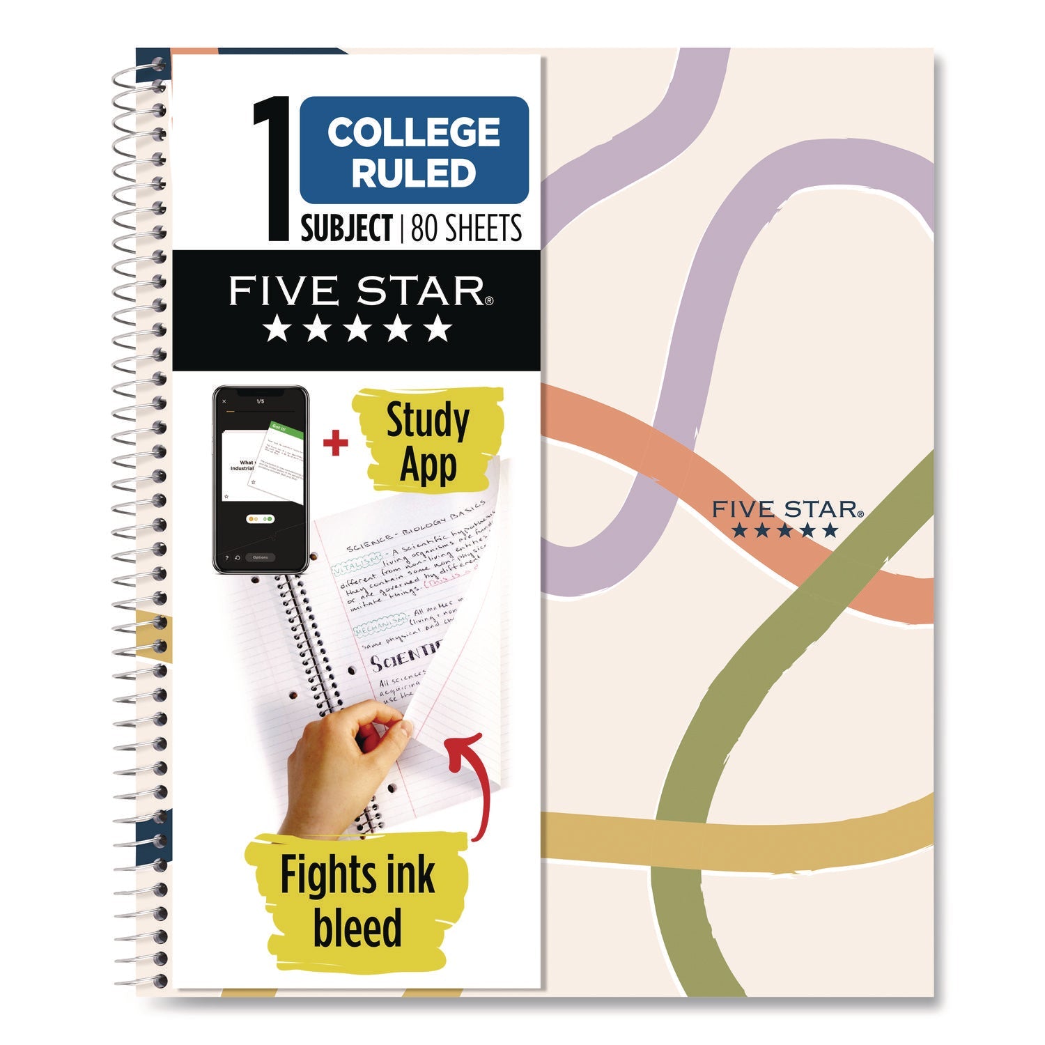 Five Star® Simple Waves Organic Lines Notebook w/ Study App, 1-Subject, Med/College Rule, Assorted Cover Color (80) 11 x 8.5 Sheets - Bloom Skins