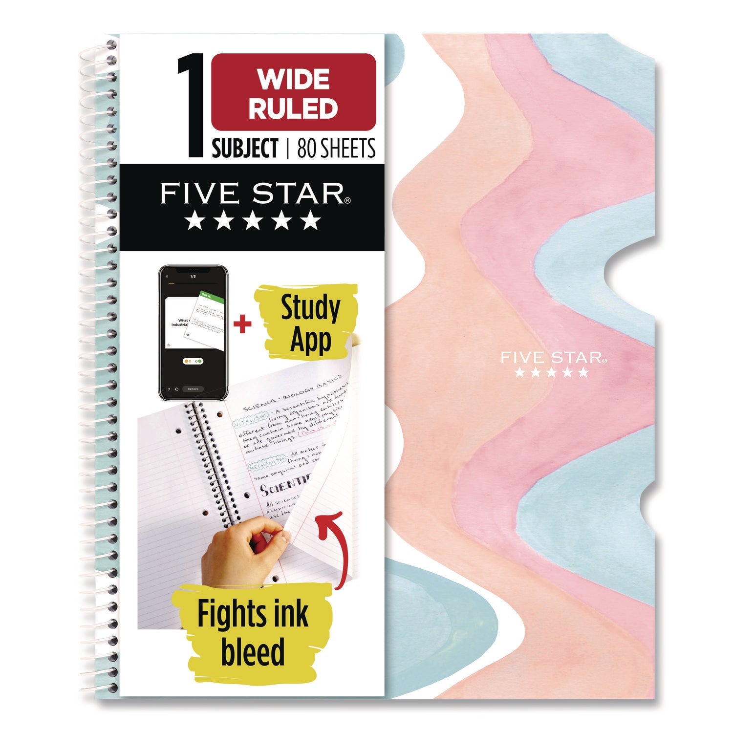 Five Star® Brushy Moves Pastel Waves Design Notebook w/ Study App, 1-Subject, Wide/Legal Rule, Assorted Cover Color, (80)11 x 8.5 Sheets - Bloom Skins