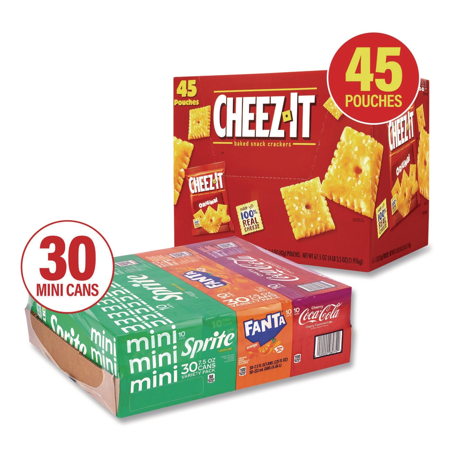 Coca-Cola® Soda Mini Variety and Cheez-It Combo Pack, (30) 7.5 oz Cans Assorted Flavors, (45) 1.5 oz Pouch Original Cheez-It/Bundle - Bloom Skins