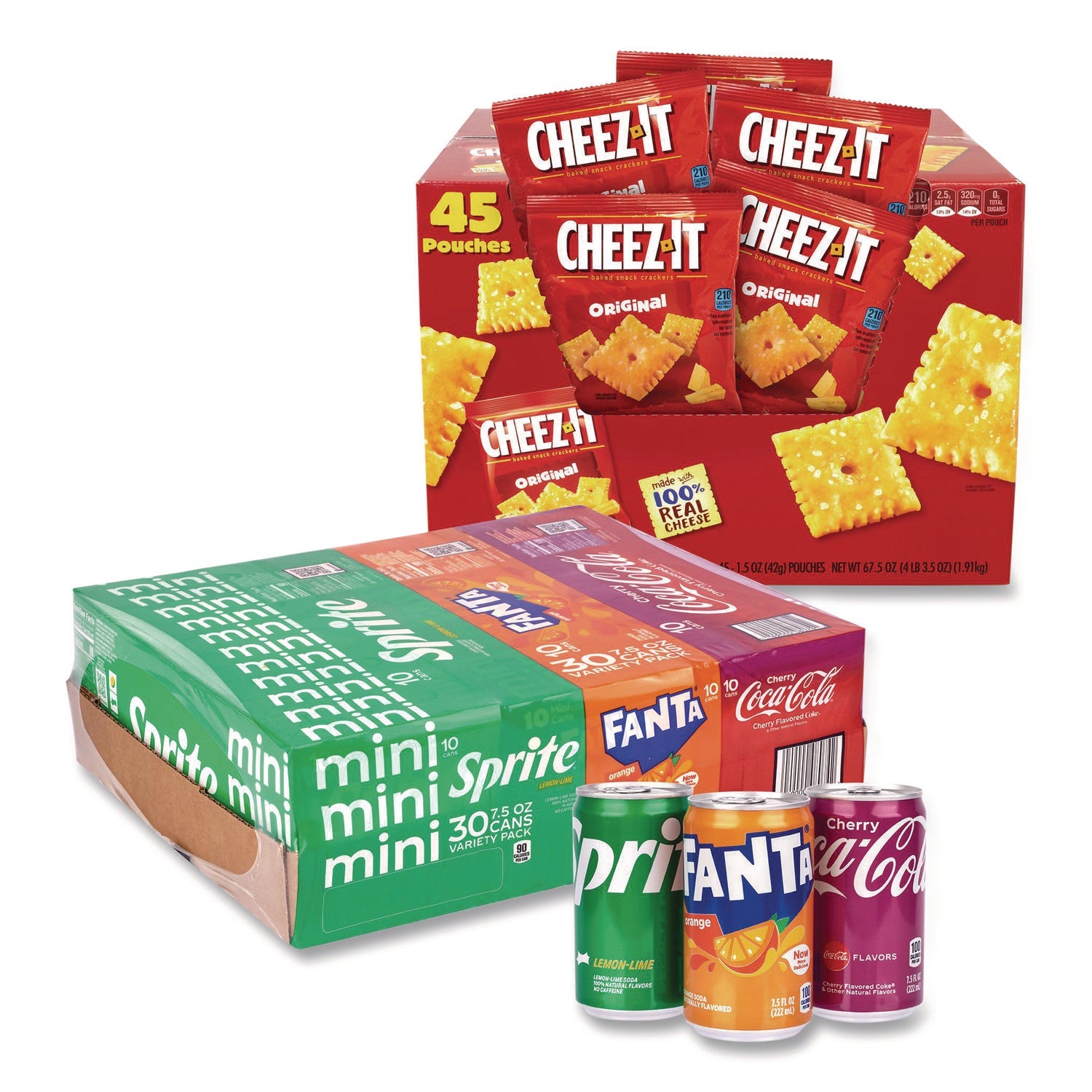 Coca-Cola® Soda Mini Variety and Cheez-It Combo Pack, (30) 7.5 oz Cans Assorted Flavors, (45) 1.5 oz Pouch Original Cheez-It/Bundle - Bloom Skins