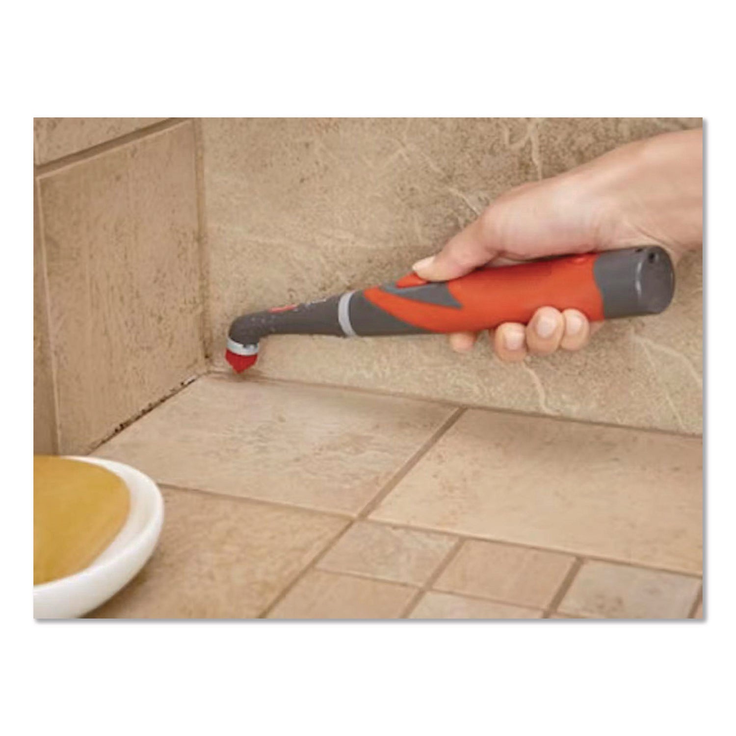 Rubbermaid® Reveal Power Scrubber, Red/White Nylon Bristles, 1.73" Brush, Red Plastic Handle