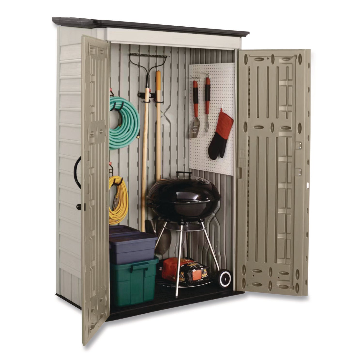 Rubbermaid® Vertical Storage Shed, 53 cu ft, 2.5 ft x 4 ft x 7 ft, Sandstone/Faint Maple