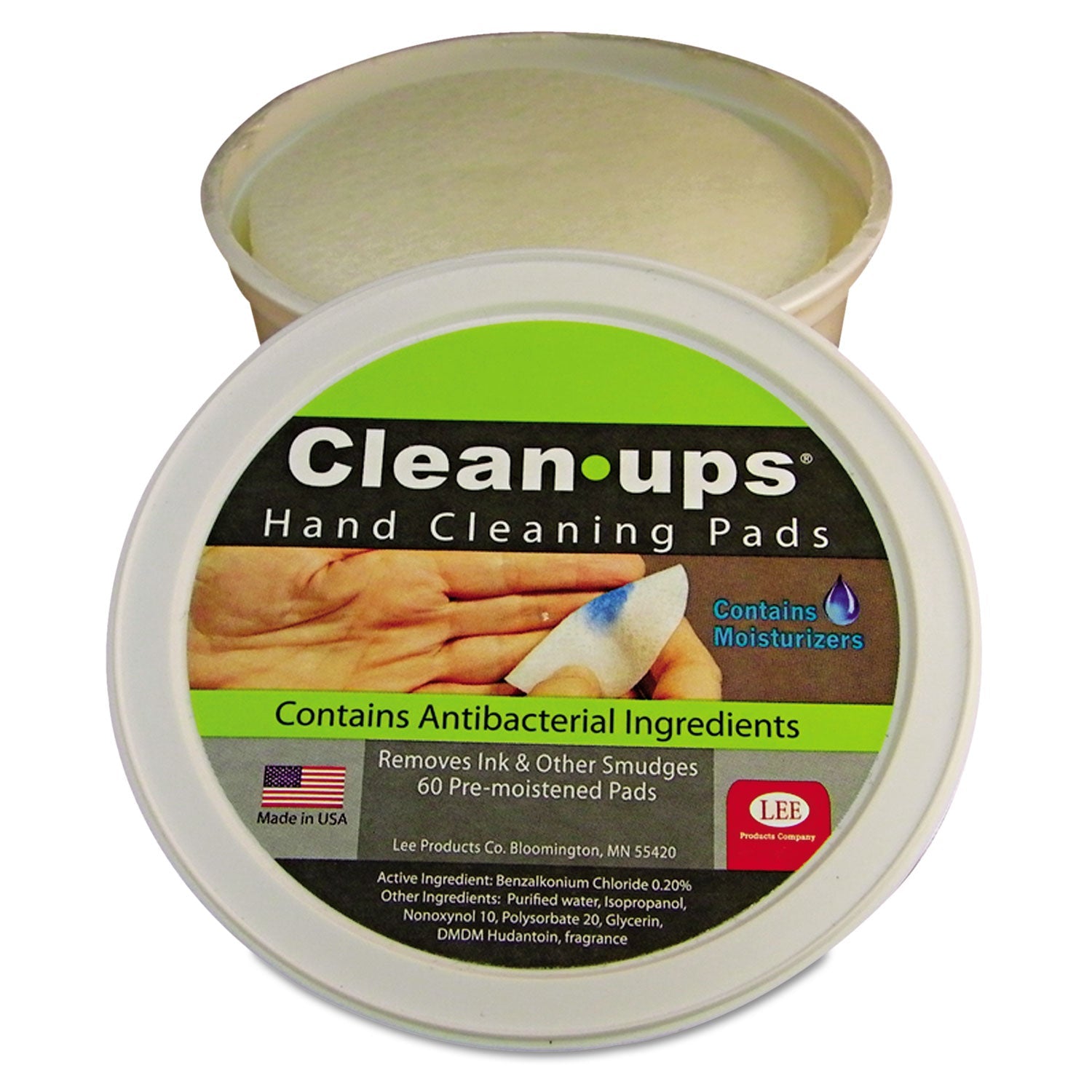 LEE Clean-Ups Hand Cleaning Pads, Cloth, 1-Ply, 3" dia, Mild Floral Scent, 60/Tub