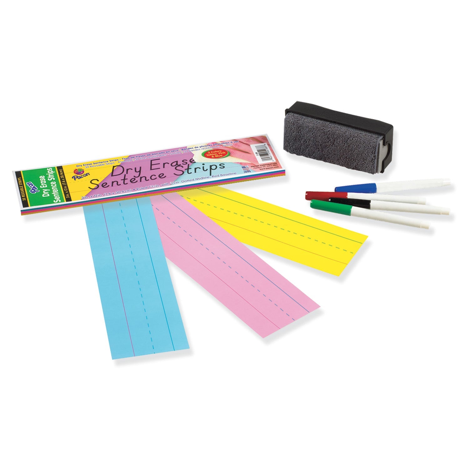 Pacon® Dry Erase Sentence Strips, 12 X 3, Blue; Pink; Yellow, 30/pack