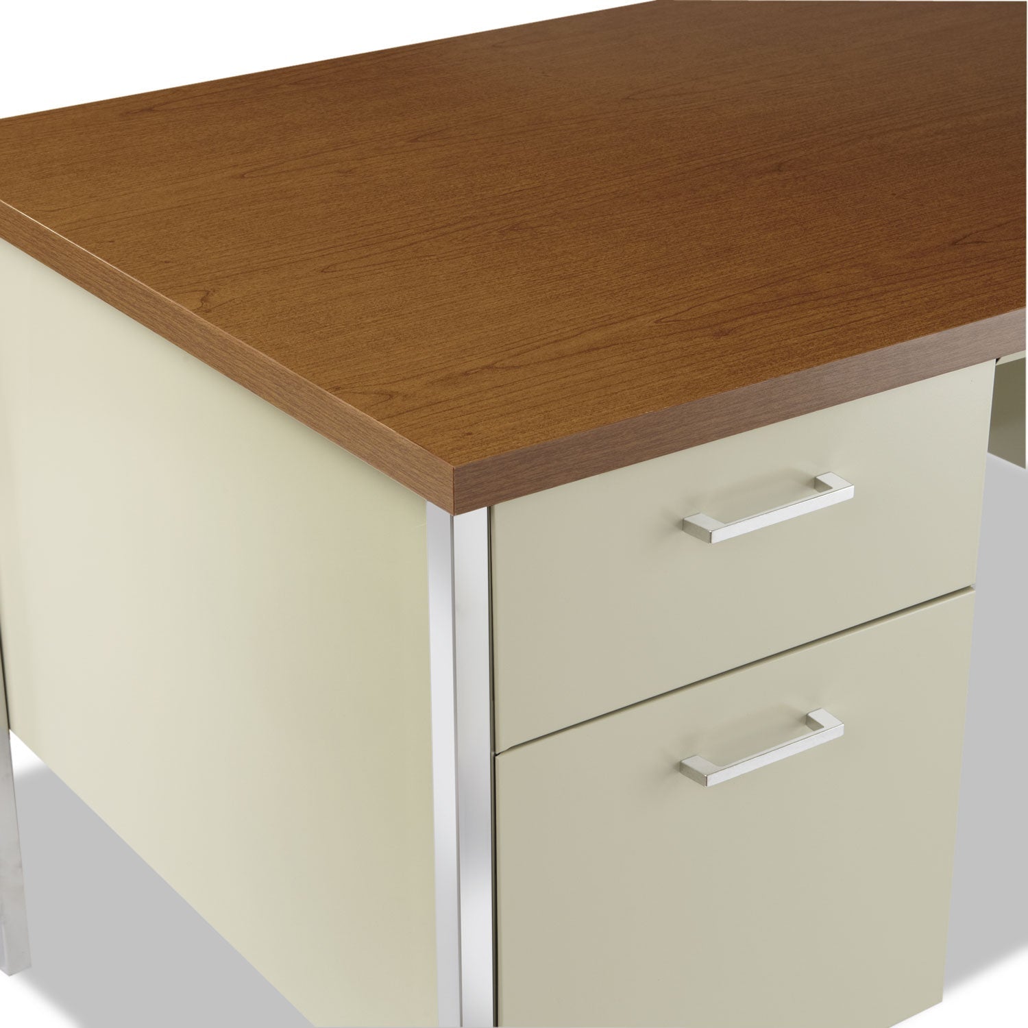 Alera® Double Pedestal Steel Desk, 60" x 30" x 29.5", Cherry/Putty, Chrome-Plated Legs