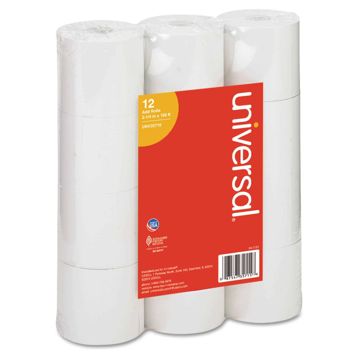 Universal® Impact And Inkjet Print Bond Paper Rolls, 0.5" Core, 2.25" X 150 Ft, White, 12/pack